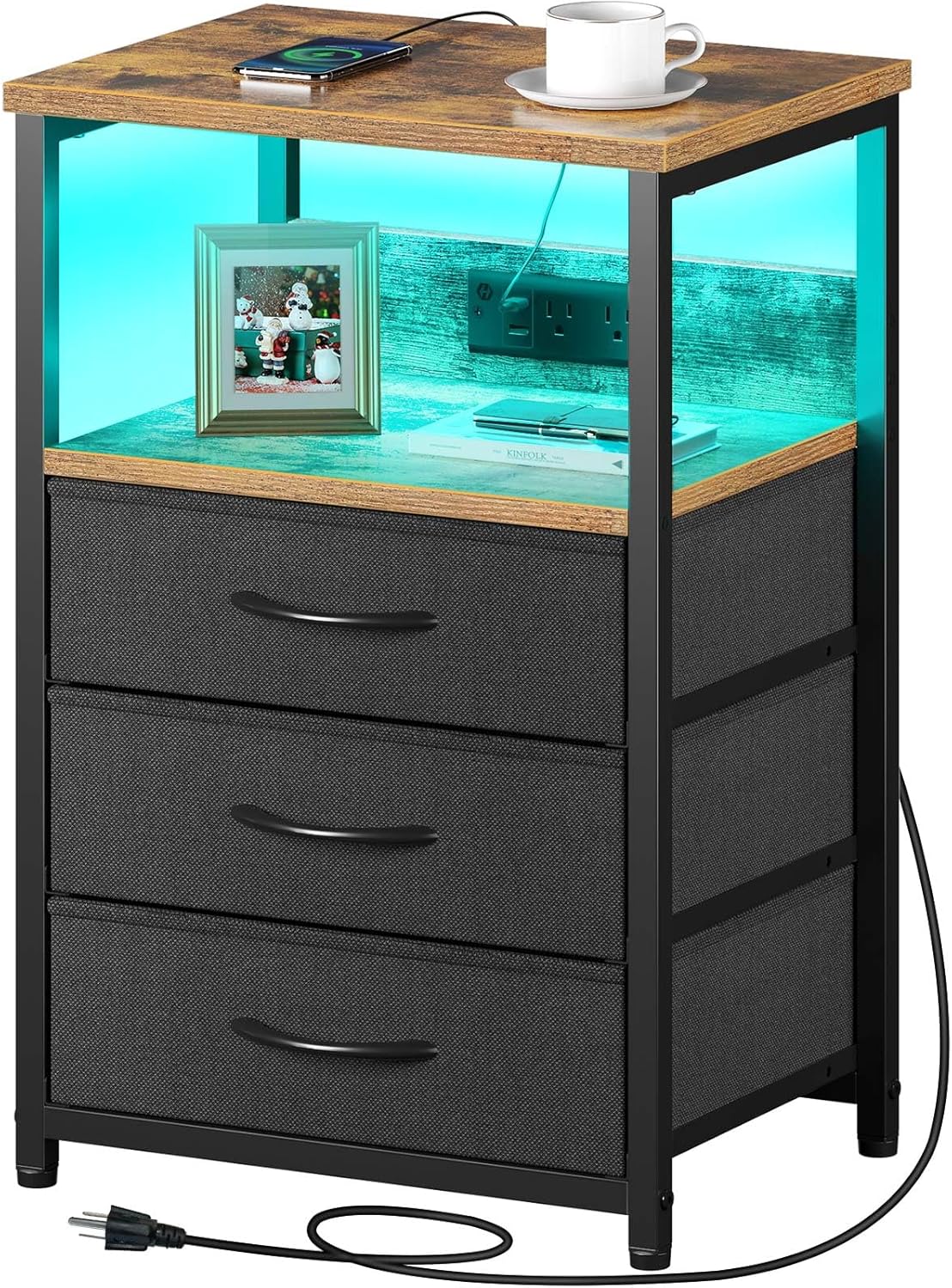 Seventable Nightstand with Charging Station and LED Light, Side Table with 3 Fabric Drawers, Bedside End Table with USB Ports and Outlets, Night Stand for Bedroom, Rustic Brown