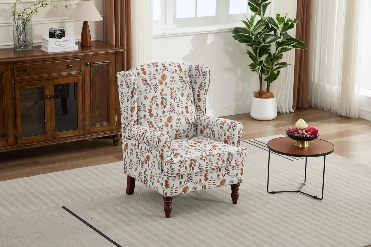 Ball & Cast Modern Accent Chair,Comfy Upholstered Armchair with Retro Wood Legs,Floral Design Single Sofa Chair,Living Room Furniture for Apartment,Bedroom,Office,Linen Fabric,Floral Yellow