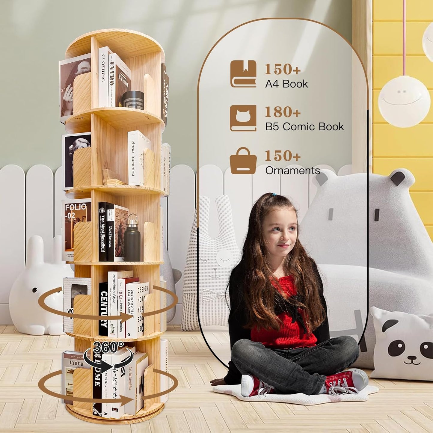 Rotating Bookshelf,360 Display Round 5 Tier Floor Standing Bookcase Storage Rack,Wood Spinning Bookshelf Tower for Bedroom,Living Room