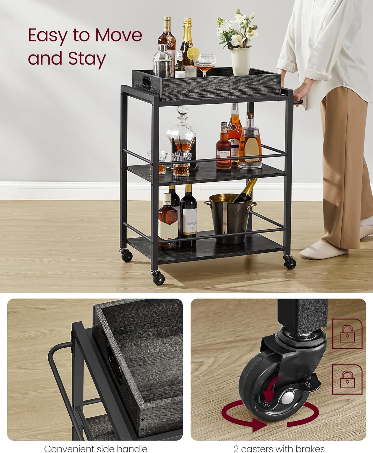 VASAGLE Kitchen Serving Cart with Removable Tray, 3-Tier Kitchen Utility Cart on Wheels with Storage, with Brakes, Leveling Feet, 15.7 x 28.3 x 33.9 Inches, Charcoal Gray and Black ULRC072B04
