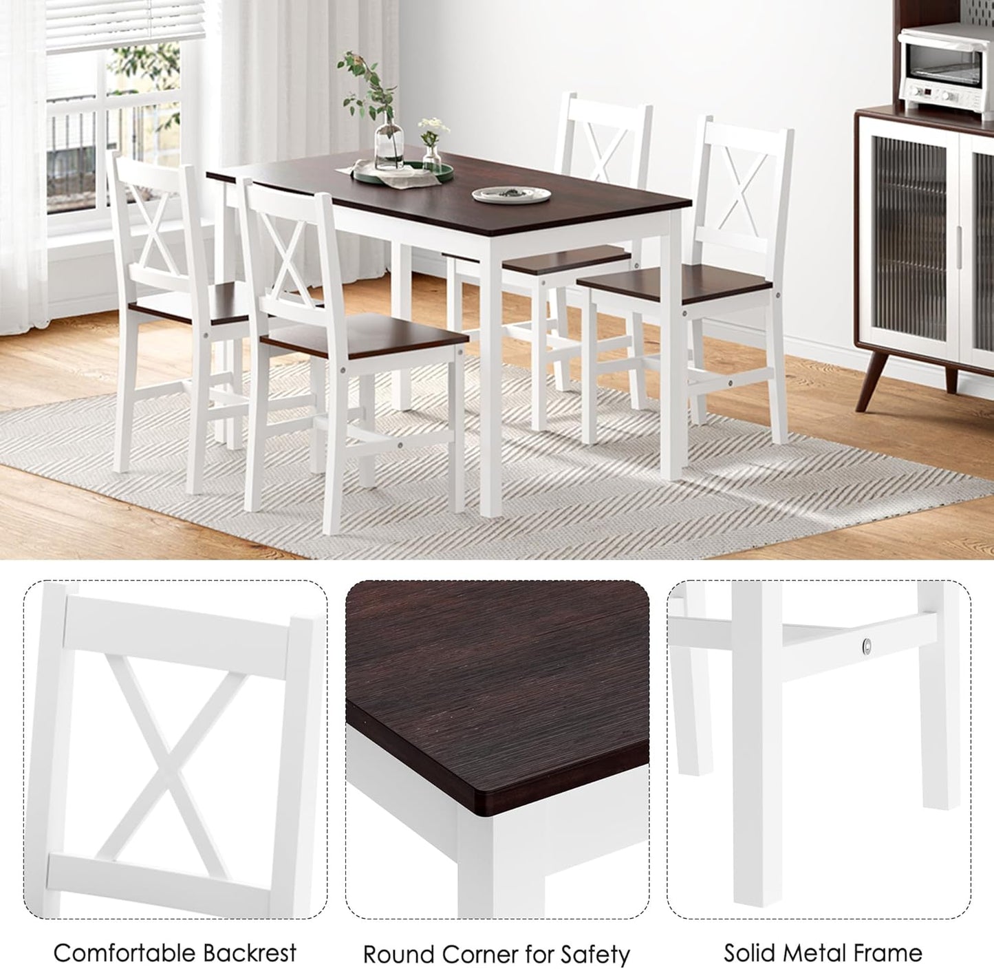 Sogesfurniture Dining Table Set for 4, 42.5" Pine Wood & Walnut Vintage Style, 5 Pieces, Space Saving, Easy Assembly