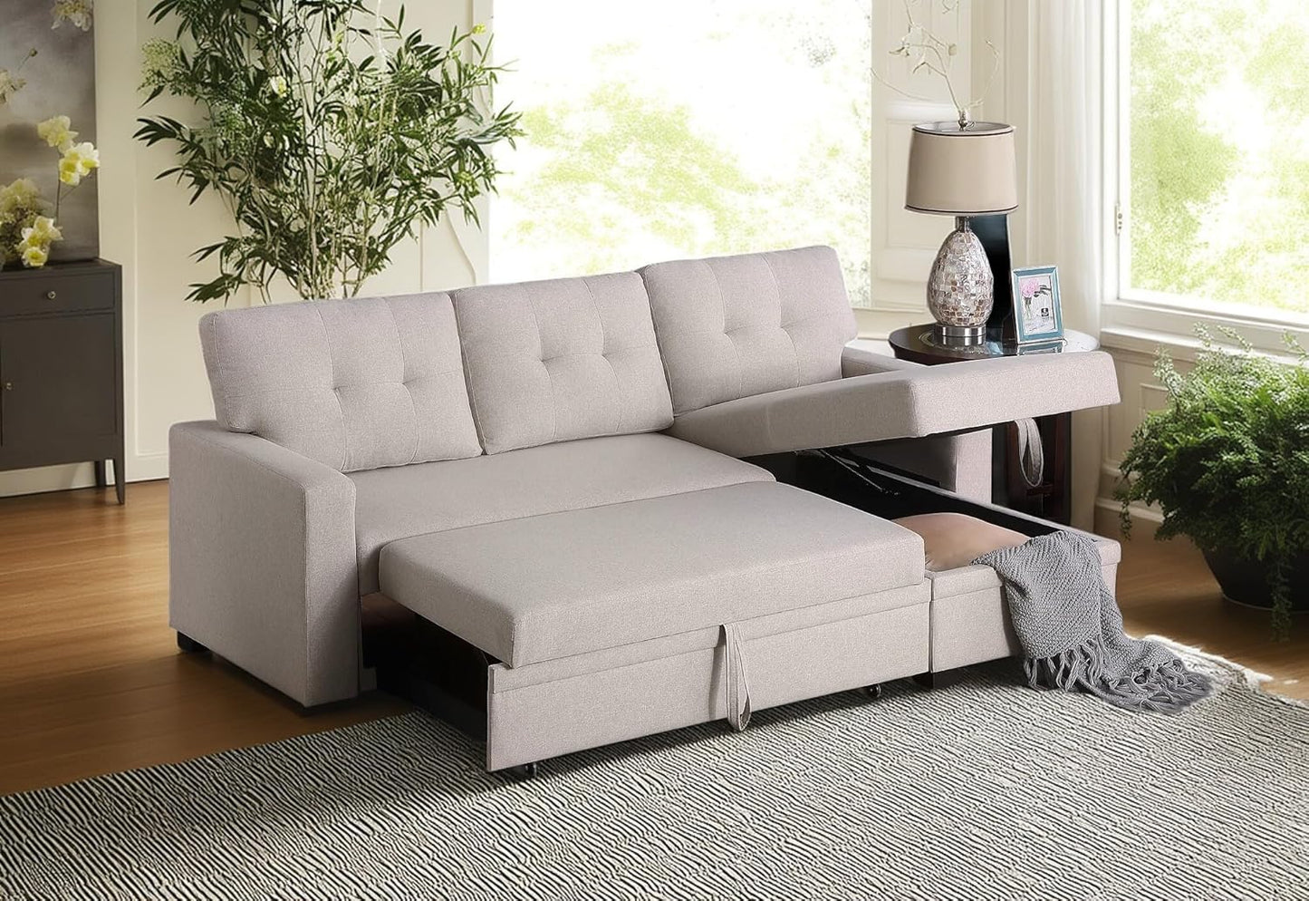 82 Inch Convertible Sleeper Sectional Sofa with Storage Chaise and Pull-Out Bed, Linen Upholstered Reversible Corner Couch, Modular L Shaped Couches for Living Room, Home Furniture, Beige