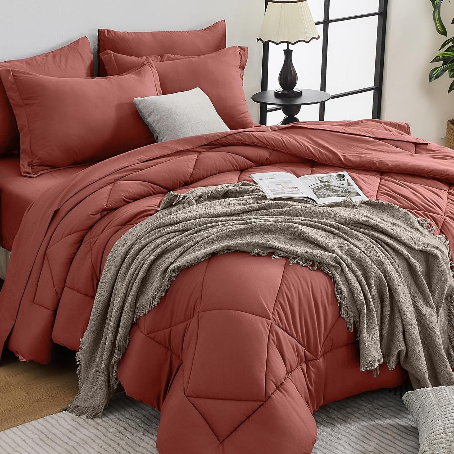 HEVUMYI Terracotta Cali-King Comforter Set - 7-Piece All Season Bed in a Bag Cali-King, Ultra Soft Bedding Set with Comforter, Flat Sheet, Fitted Sheet, Pillowcases, Pillow Shams