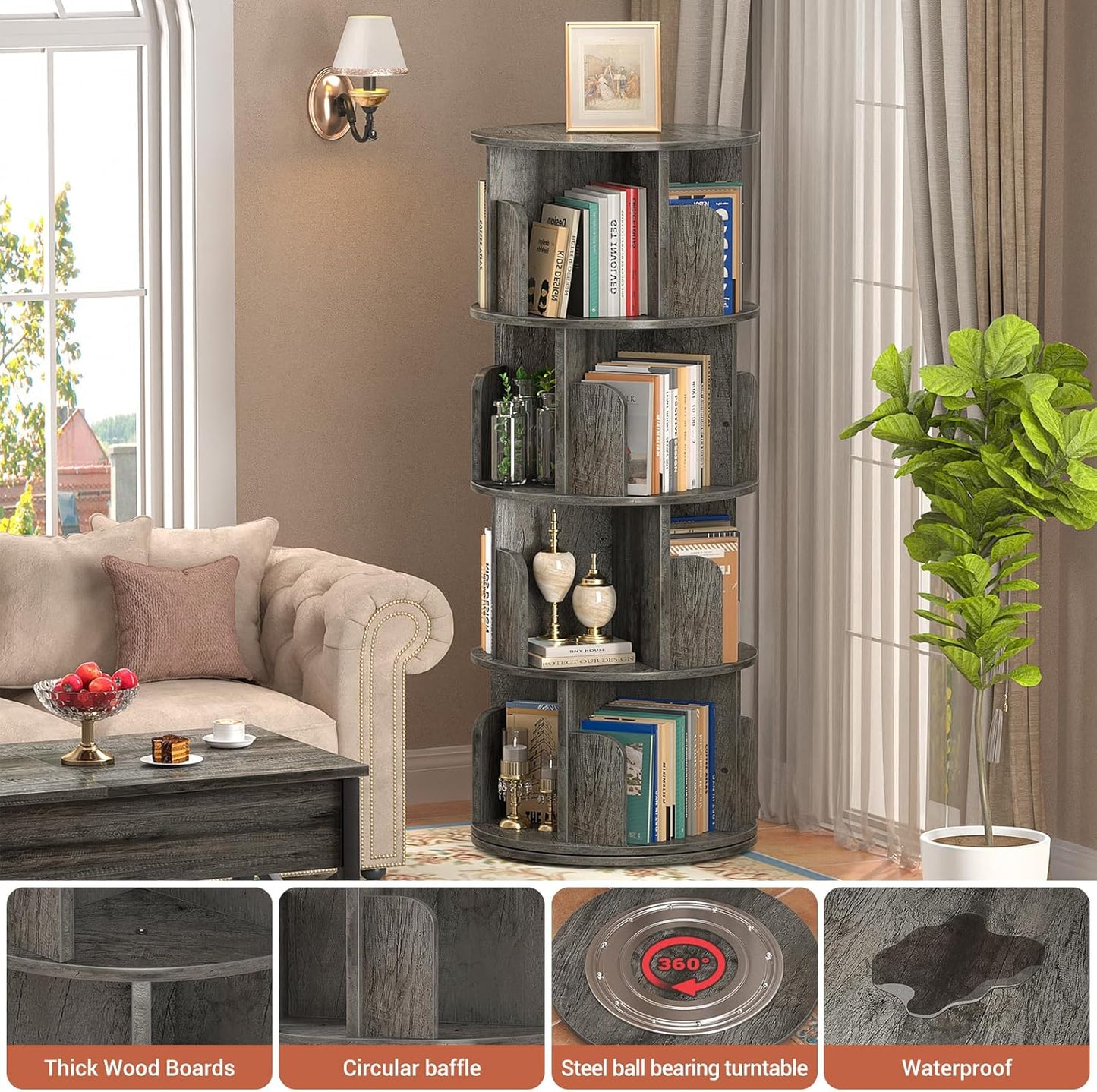 Rotating Bookshelf, Wood Corner Bookshelf, 360 Display Spinning Bookcase Storage Rack, 4 Tier Floor Standing Revolving Bookcase Narrow Book Shelf Organizer for Small Space, Bedroom, Grey Oak