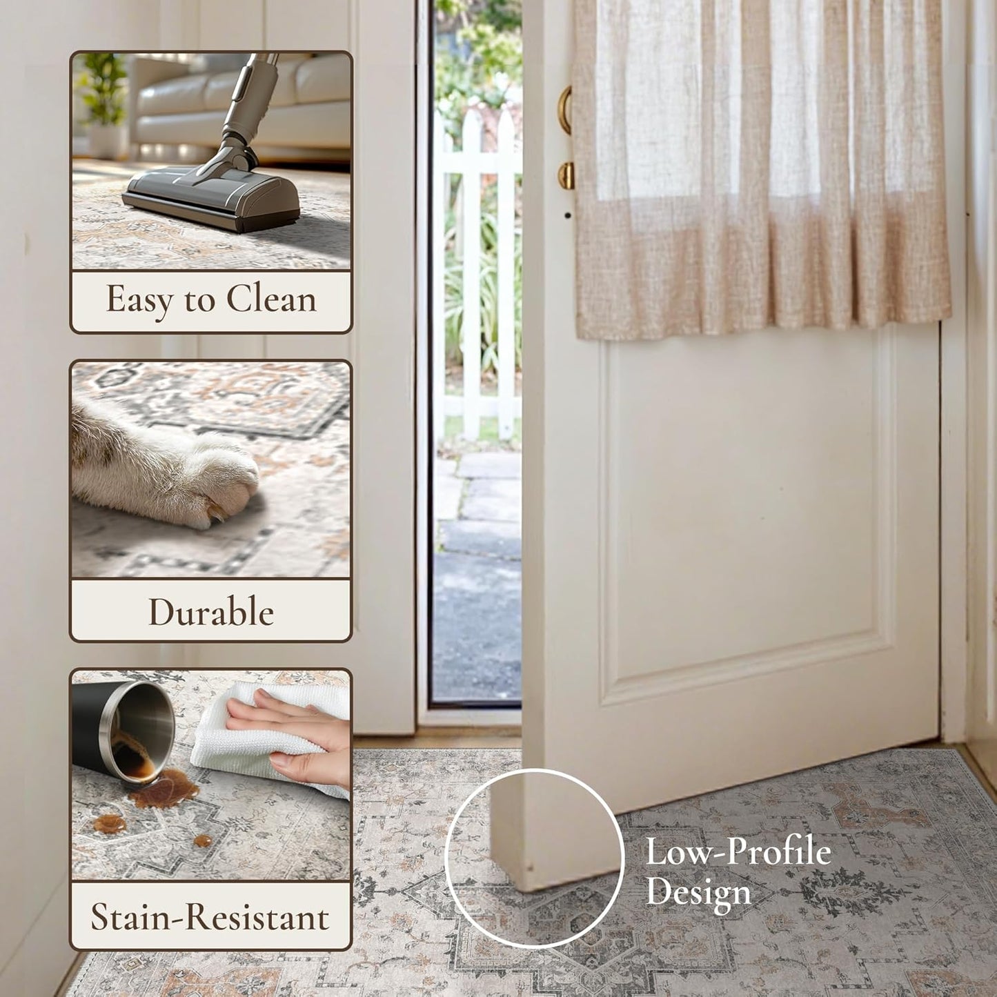 GENIMO 8x10 Area Rugs for Living Room, Machine Washable Non Slip Vintage Rugs, Low Pile Lightweight Chenille Print Rug for Bedroom, Dining Room, Home Office, Light Taupe Brown
