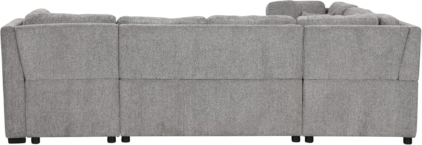 Ball & Cast 108.6" Sleeper Sectional Pull Out Sofa with 2 USB Ports,Two Power Sockets,Versatile U-Shape Couch w/ 3 Back Pillows and Storage Chaise,for Living Room,Office,Apartment,Light Gray