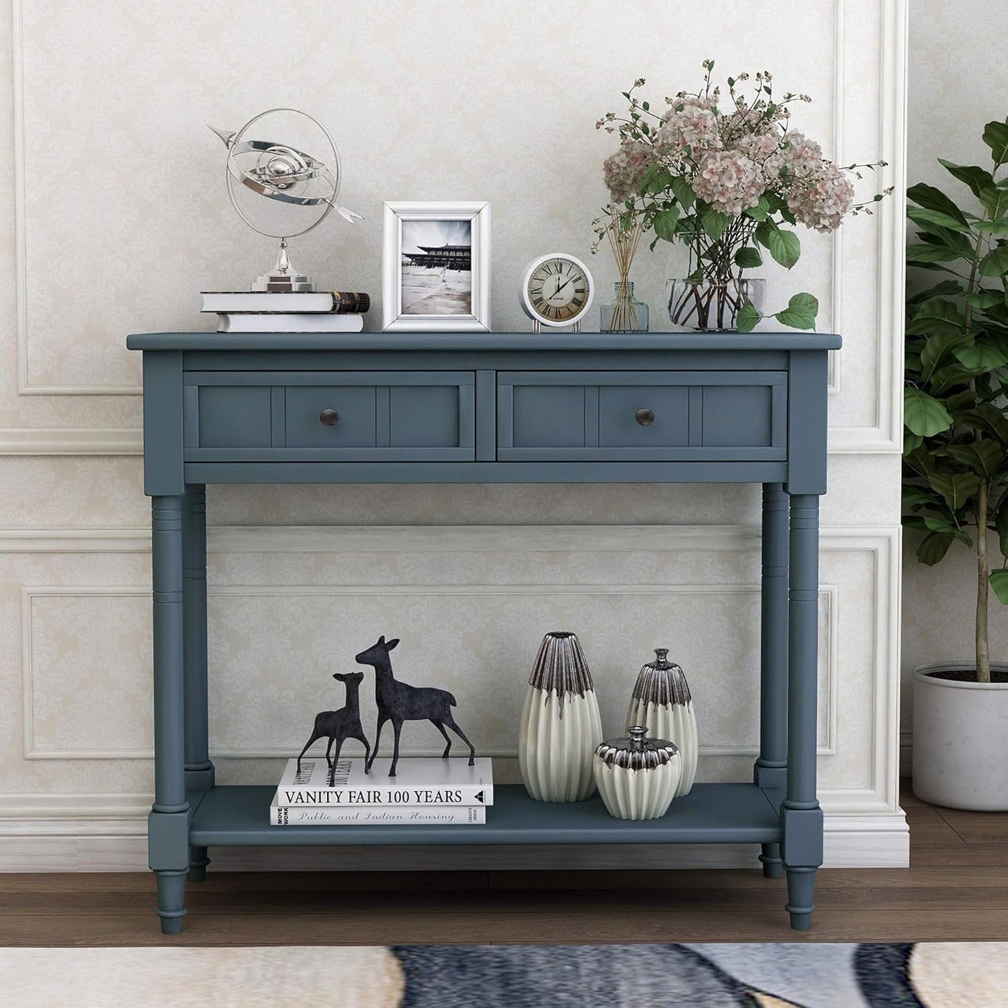 Merax Daisy Series Entryway Table with Storage Drawers and Bottom Shelf Navy