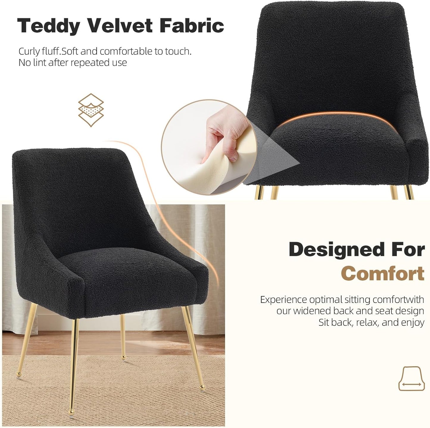 Dining Chairs Medieval Modern Restaurant Chairs, Soft Cushions, Teddy Velvet, Polished Gold Metal Legs, Kitchen Chairs, Living Room Black 2-Piece Set