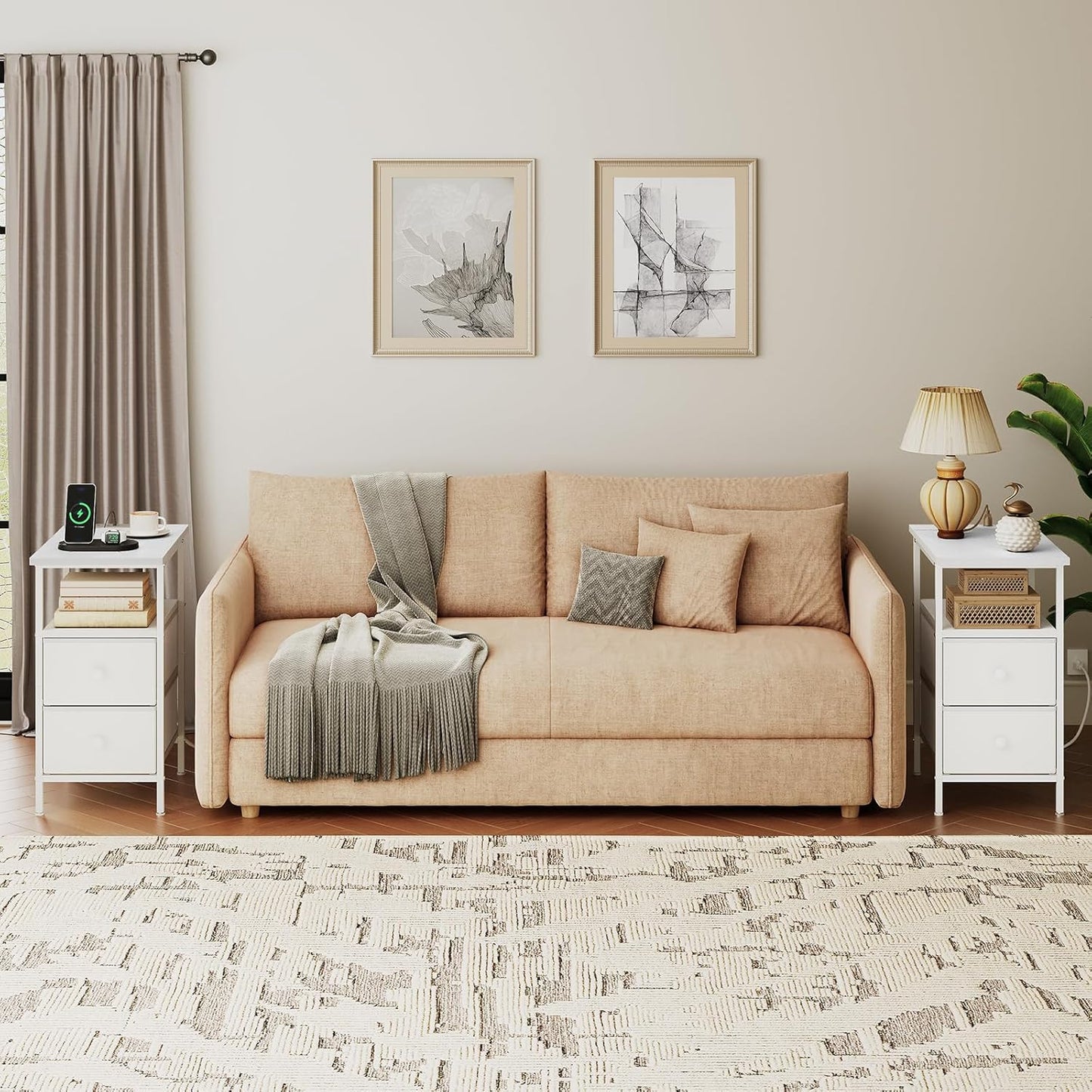 HOOBRO End Table with Charging Station, Narrow Side Table, Nightstand with 2 Non-Woven Drawers, Slim Sofa Side Table, for Small Spaces, Living Room, Bedroom, White WT486UBZ01