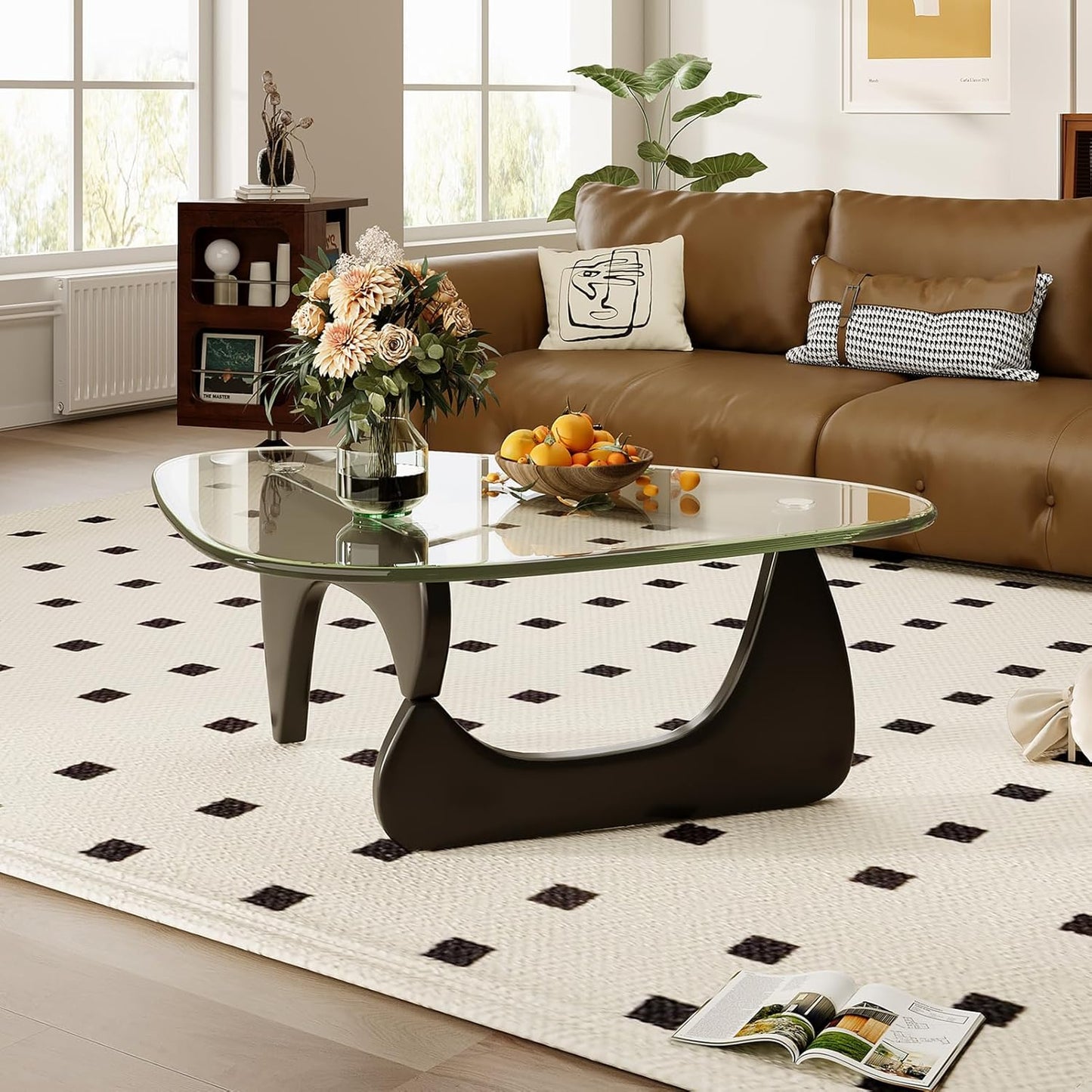 Glass Coffee Table for Living Room Mid Century Modern Triangle Center Table with Wooden Base, Transparent/Black