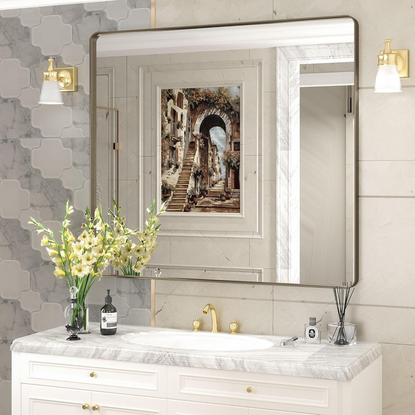 40x36 Bronze Bathroom Mirror, Brushed Metal Bathroom Vanity Mirrors for Wall, Rounded Corner Bronze Rectangle Mirror for Farmhouse, Bedroom, Anti-Rust (Horizontal/Vertical)