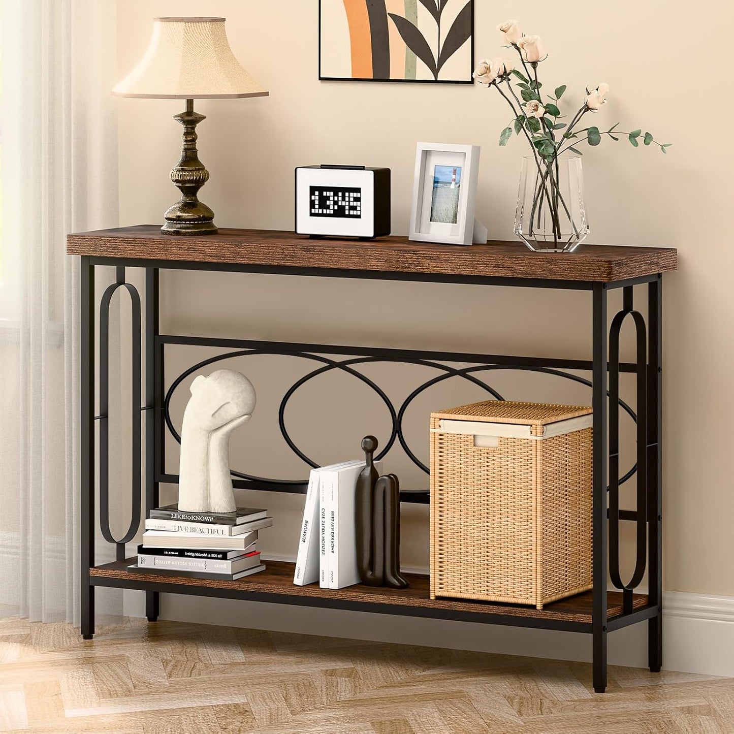 Industrial Console Table for Entryway, Rustic Console Table Behind Couch, 2 Tier Sofa Tables for Home Living Room, Hallway, Entrance, with Metal Frame(48 inches)