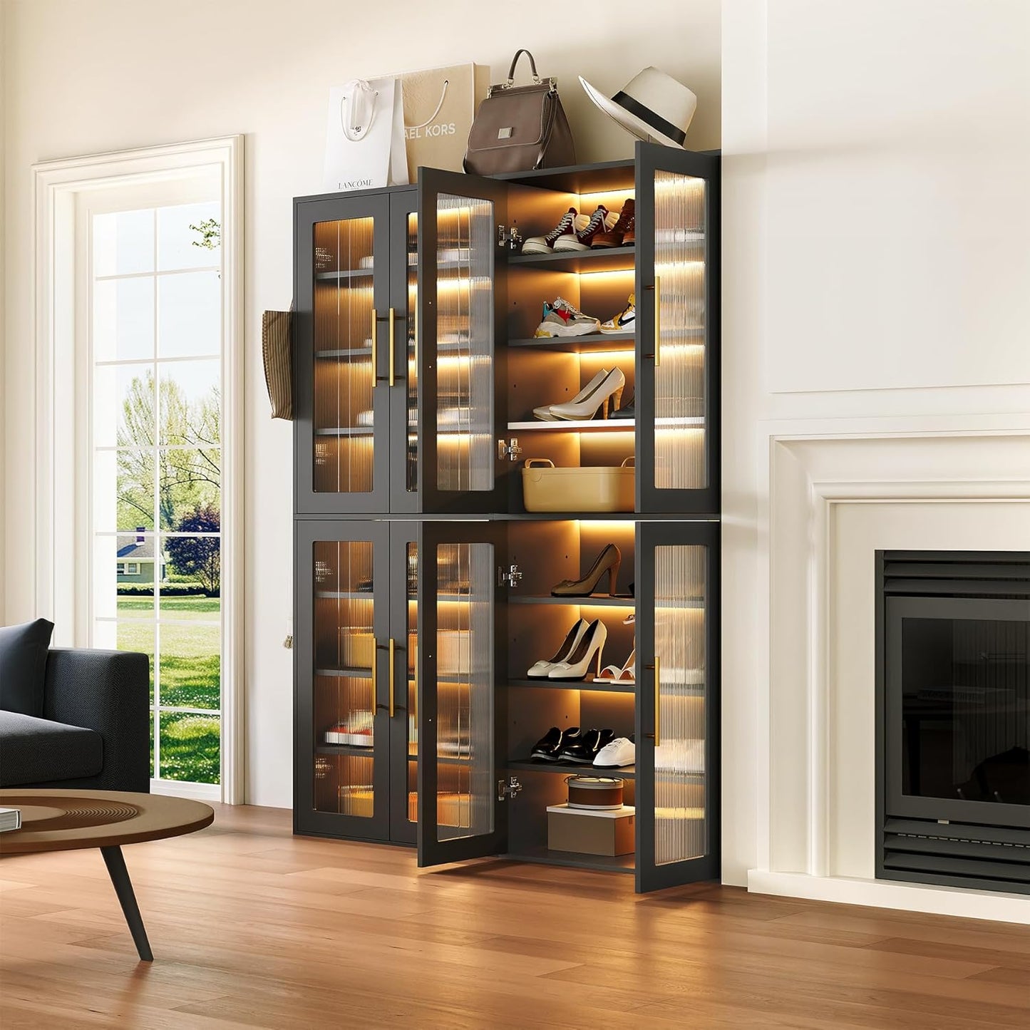 LITTLE TREE Stylish 8-Tier Vertical Shoe Rack with Built-in LED Lighting, Doors for Dust Protection, and Convenient External Hooks, Shoe Cabinet for Entryway, Living Room, Bedroom, Black