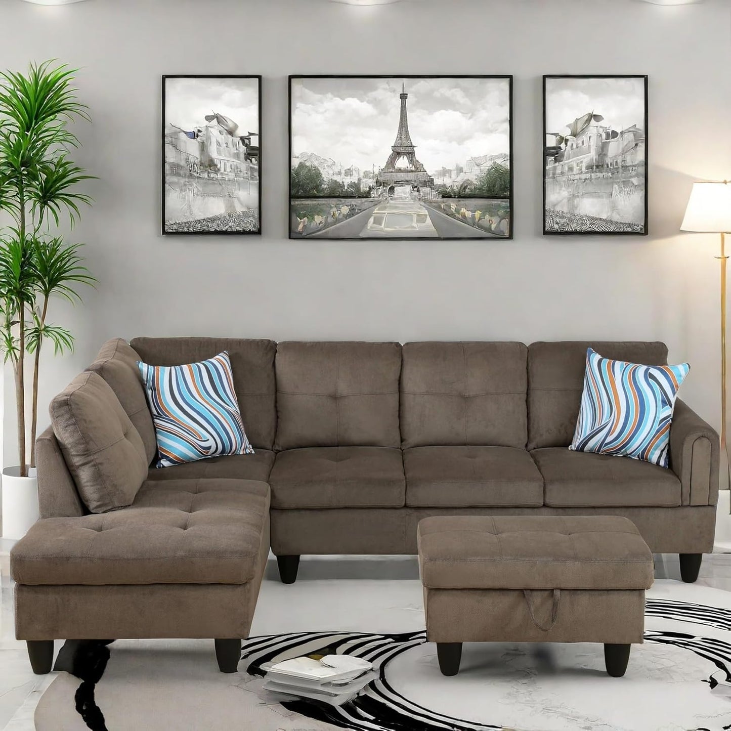 Convertible Sectional Couch, Large L Shaped Couch with Storage, Modern Modular 5-Seat Sectional Sofa with Ottomans for Living Room and Office, Brown