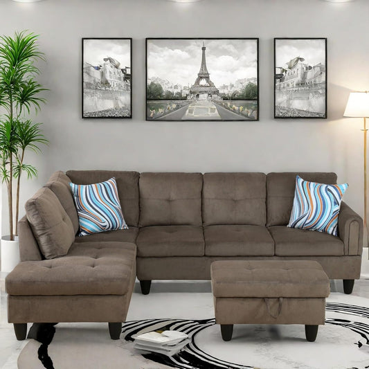 Convertible Sectional Couch, Large L Shaped Couch with Storage, Modern Modular 5-Seat Sectional Sofa with Ottomans for Living Room and Office, Brown