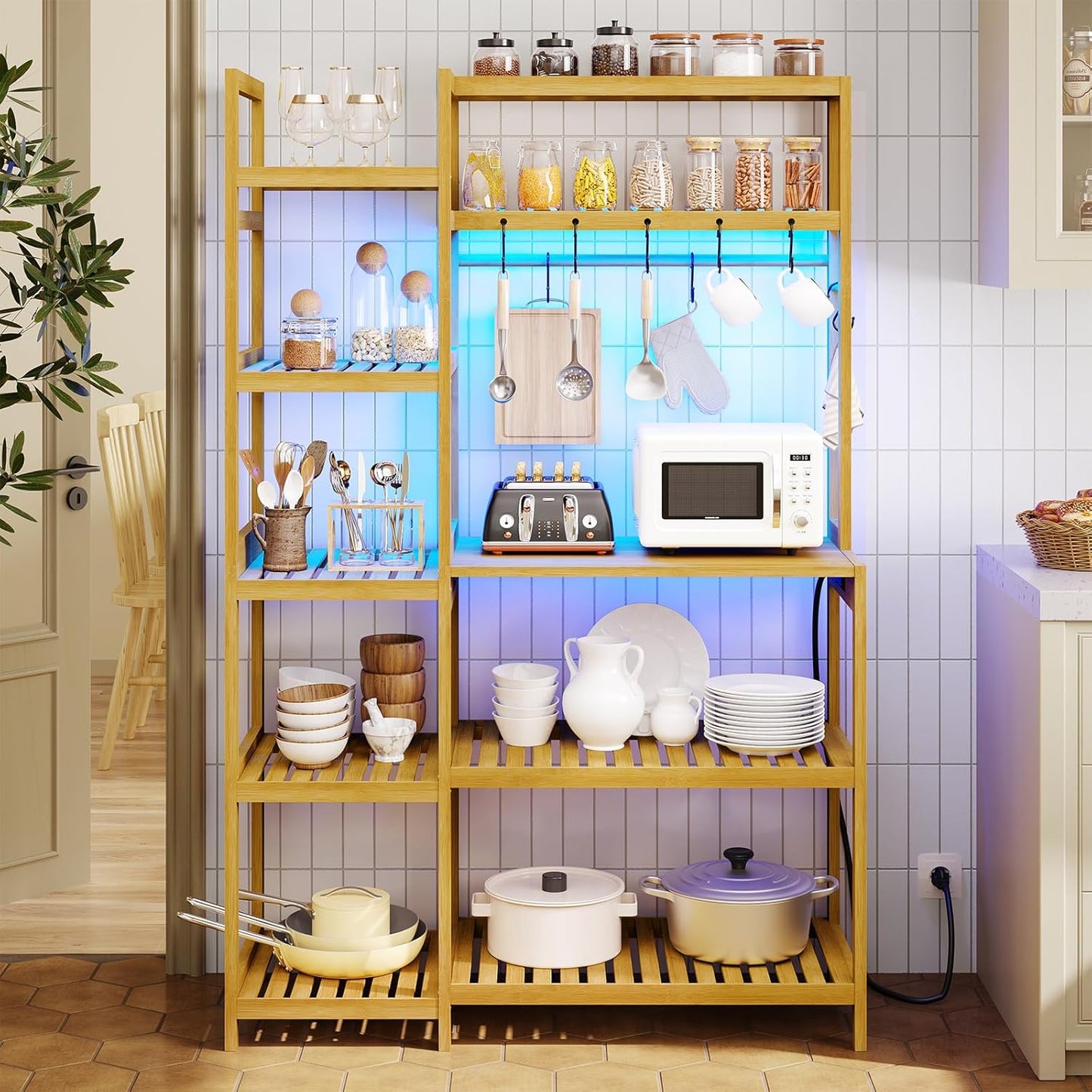 Bakers Rack with Power Outlet, Coffee Bar, 10-Tier Kitchen Shelves with 8 Hooks, Microwave Stand Kitchen Rack Freestanding Utility Storage Shelf, 15.7 x 41 x 65 Inches, Bamboo