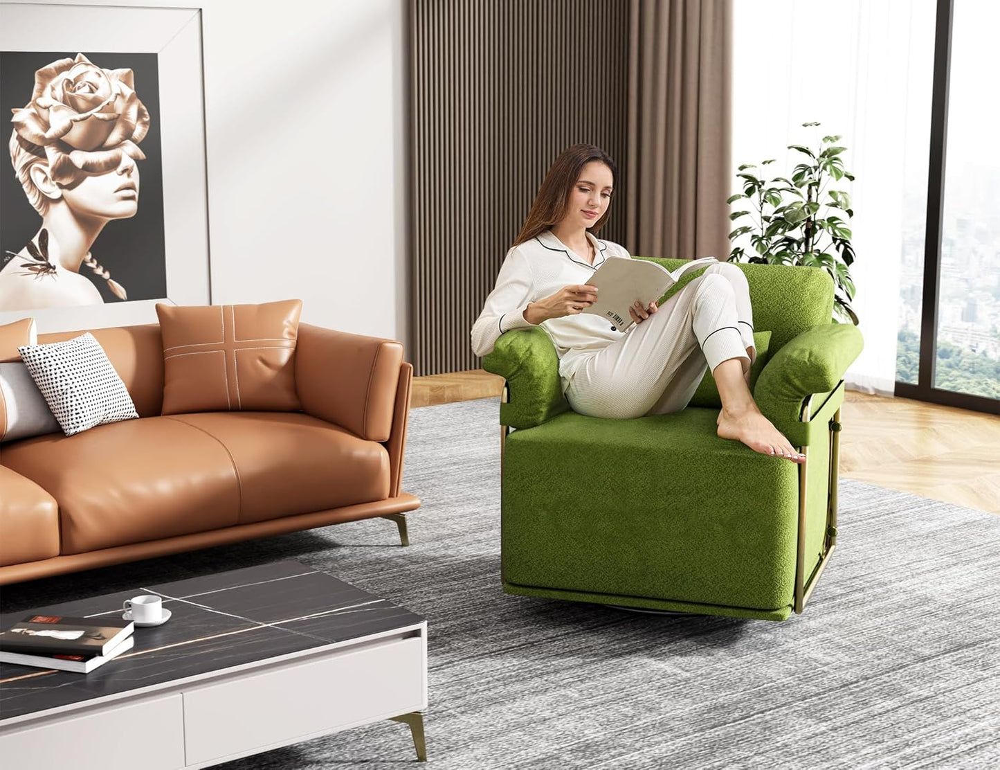 KEIKI Modern Comfy Swivel Accent Reading Chair with Waist Pillows, 360°Square Upholstered Barrel Armchair Single Club Lounge Sofa Chairs for Living Room,Bedroom,Office,Green