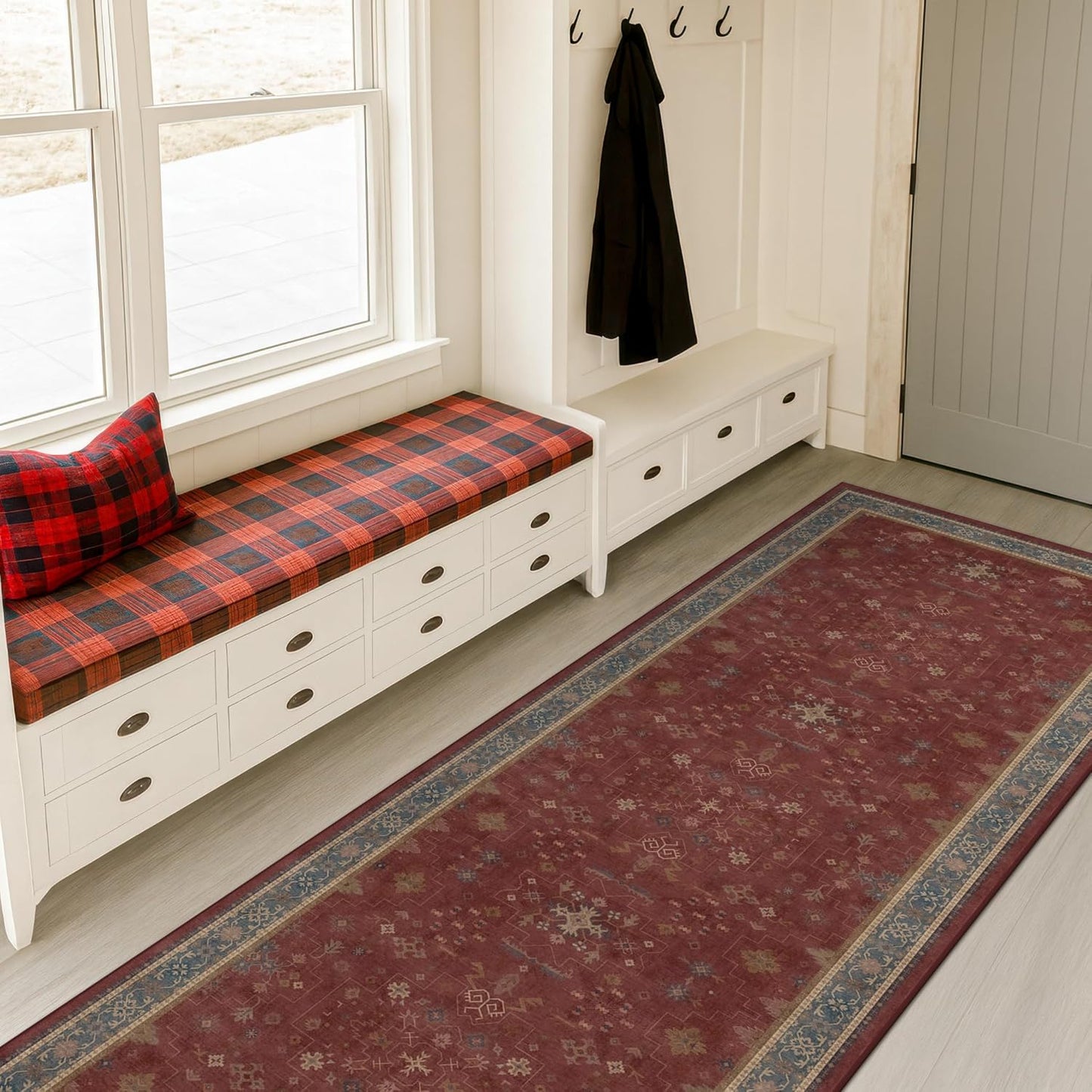 Dark Red 2'6''x8' Wide Hallway Runner Rug - Washable Kitchen Sink Rug, Non Slip 8ft Long Runner Rug for Entryway, Burgundy Turkish Floral Print Home Décor