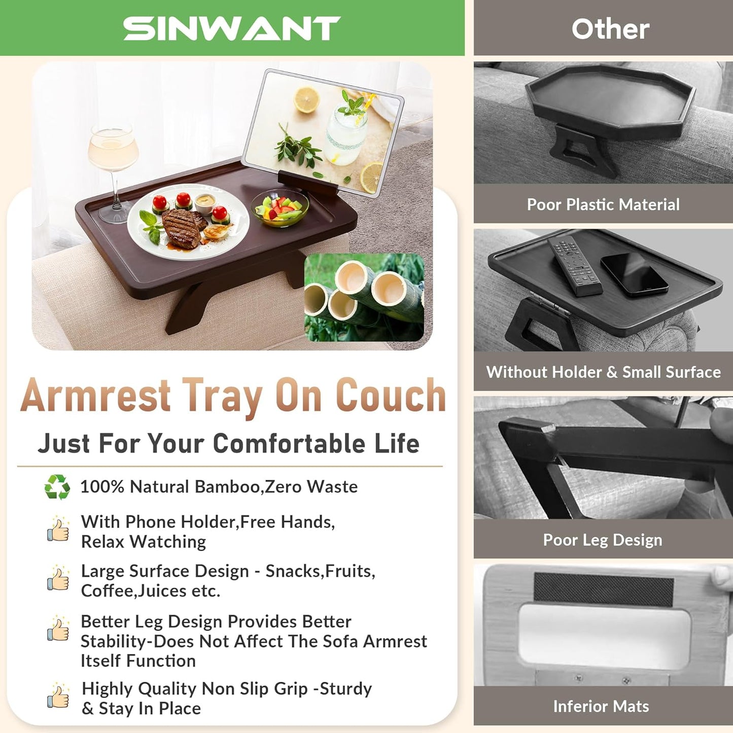SINWANT Couch Armrest Table, Large Bamboo Couch Arm Table 360° Phone Holder,Foldable Sofa Arm Tray for Eating Drinking Snacks Remote on Chair Armrest