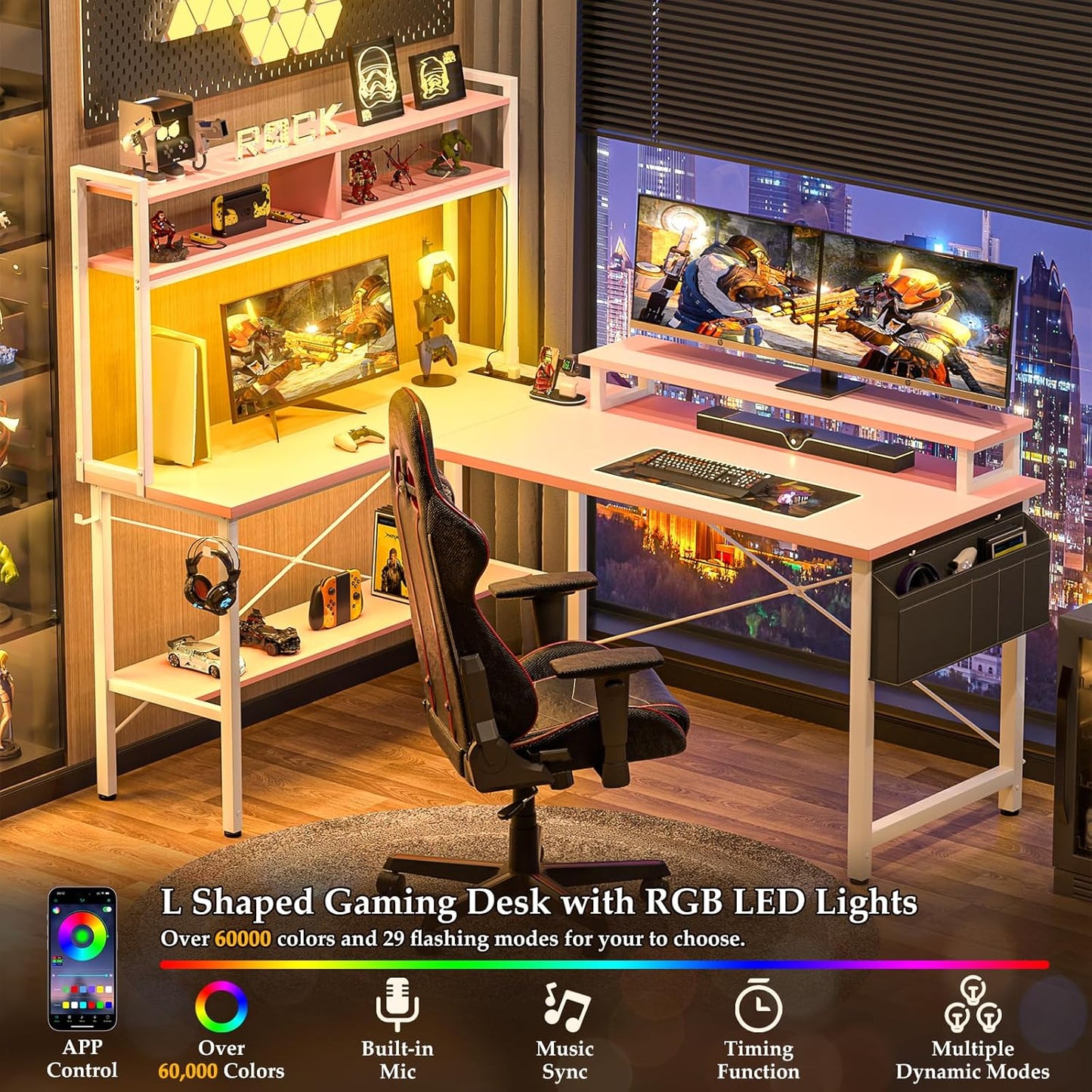 Aheaplus L Shaped Gaming Desk with Power Outlets & LED Lights, Small L- Shaped Desk Computer Corner Desk with Monitor Stand & Storage Shelf, Home Office Desk Writing Desk with Storage Bag, Pink