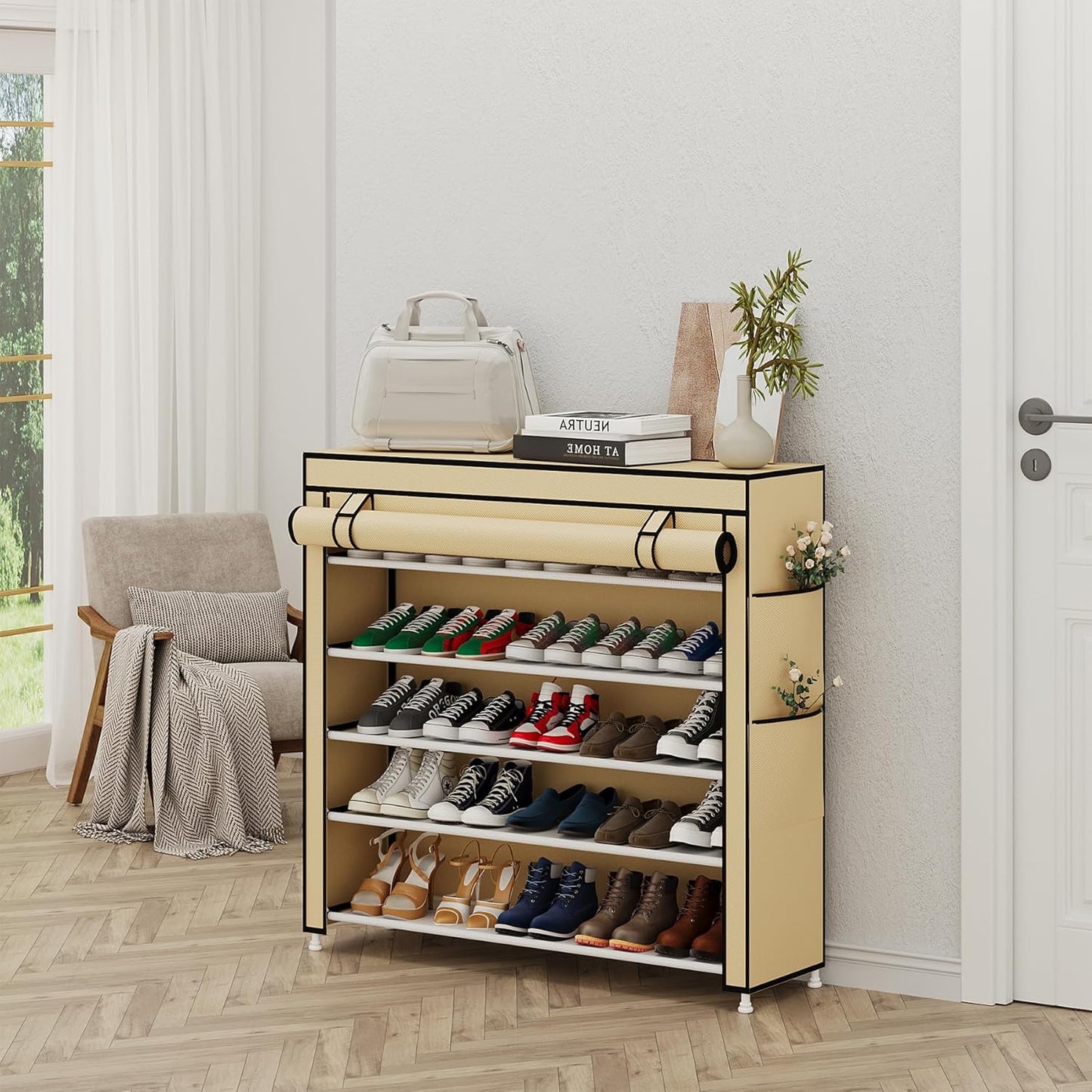 Calmootey 5 Tier Shoe Rack Organizer to Hold 25 Pairs, Portable Shoe Shelf with Nonwoven Fabric Cover for Closet Hallway, Bedroom, Entryway, Beige