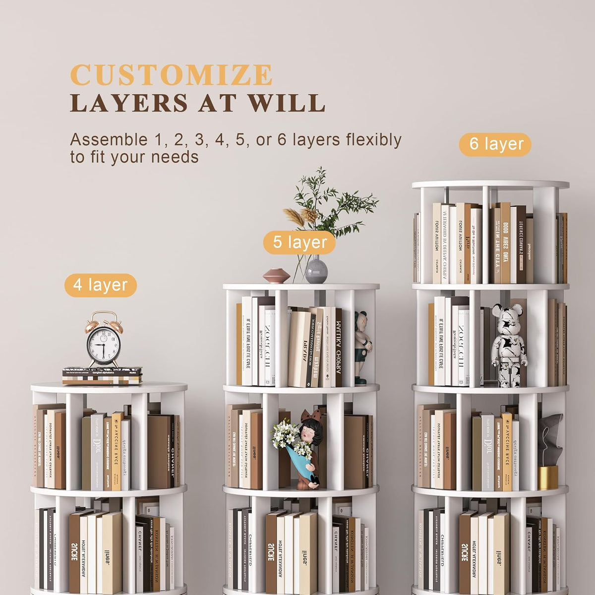 6 Tier Bookshelf Tower, 360° Solid Wood Spinning Bookcase with Swivel Wheels, Floor Standing Book Shelf for Small Space, Bookshelf for Home Office Study Room Bedroom Living Room