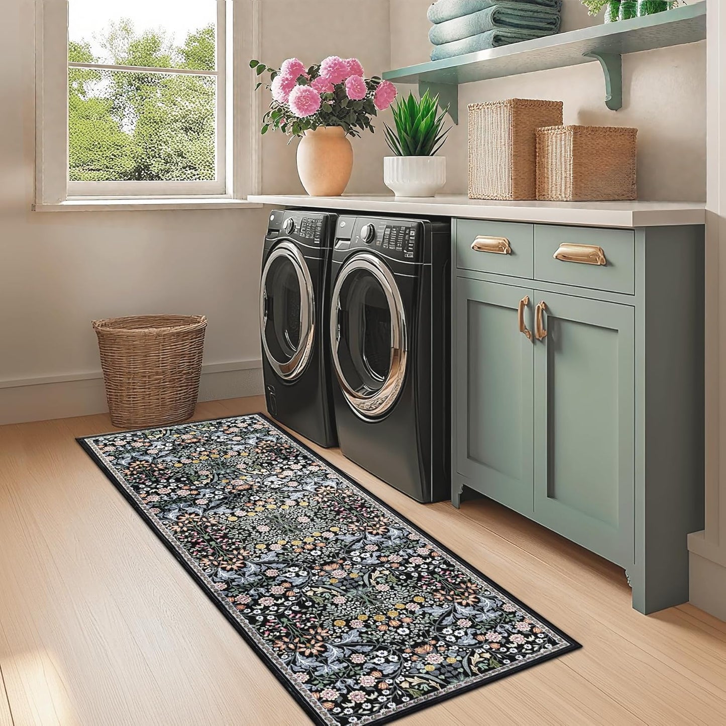 Runner Rug for Entryway: 2.6x8 Kitchen Rugs Non Slip Washable Ultra-Thin Soft Floral Carpet Indoor Stain Resistant Carpets for Hallway Bedroom Kitchen Laundry Bathroom Dorm Dark Black