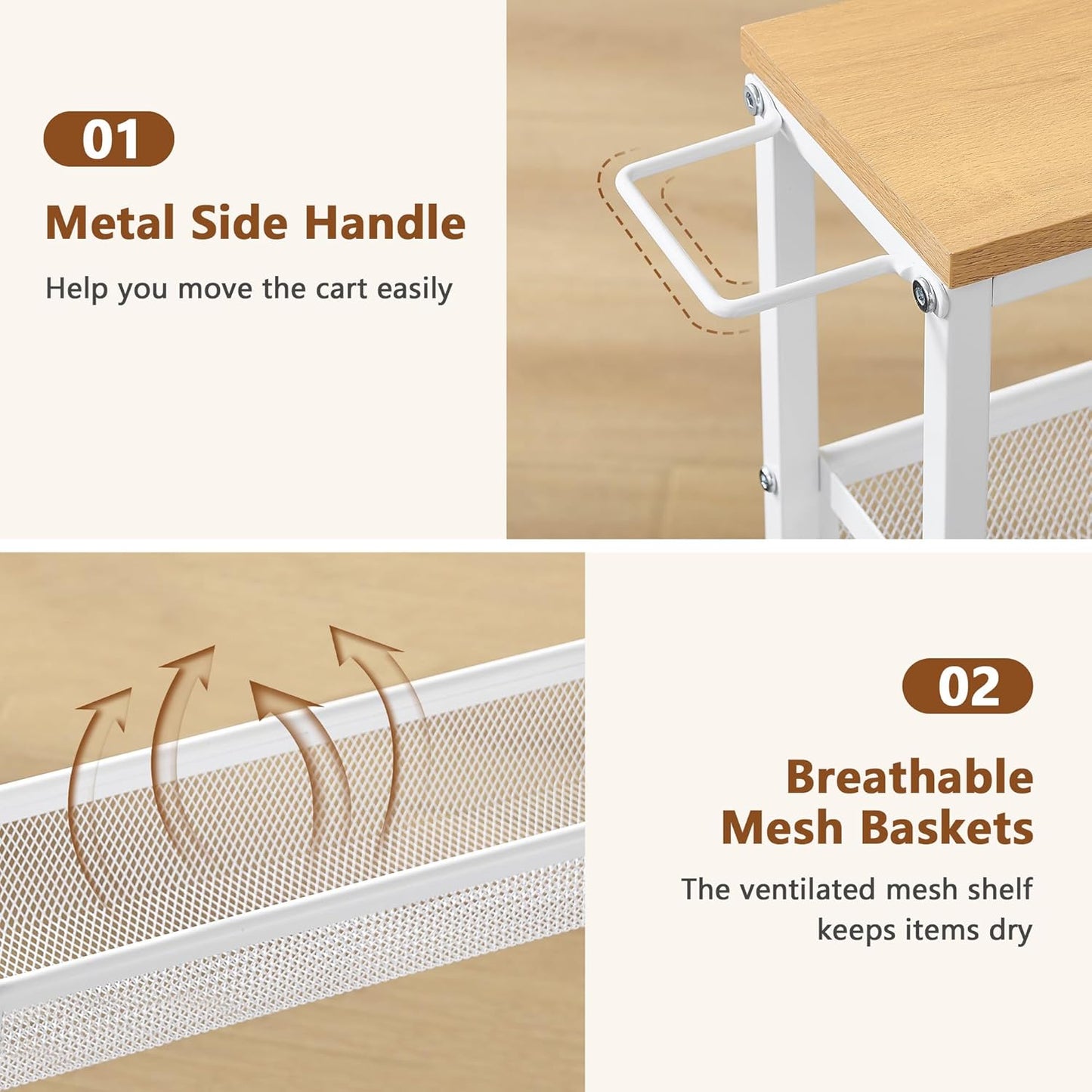 Hoctieon Slim Rolling Storage Cart, 4-Tier Narrow Kitchen Storage Cart with Handle & Wheels, Mobile Shelving Unit, Wooden Top & Metal Frame, Utility Cart for Kitchen, Small Spaces, Oak Beige