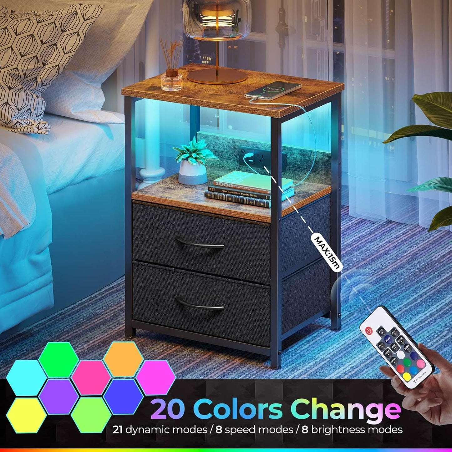 Seventable Nightstand Set of 2 with Charging Station, Bedside Table with LED Lights, Night Stand with 2 Fabric Drawers, 3-Tier Storage End Table for Bedroom, Rustic Brown