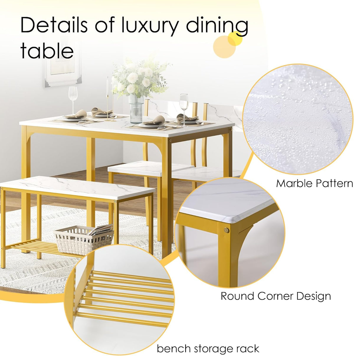 soges 4-Piece Dining Table Set with Bench - 4 Person Kitchen Table and 2 Chairs for Small Spaces, Apartment - Metal Frame & Woodgrain Tabletop, Space-Saving Design, Durable & Easy to Clean, Gold