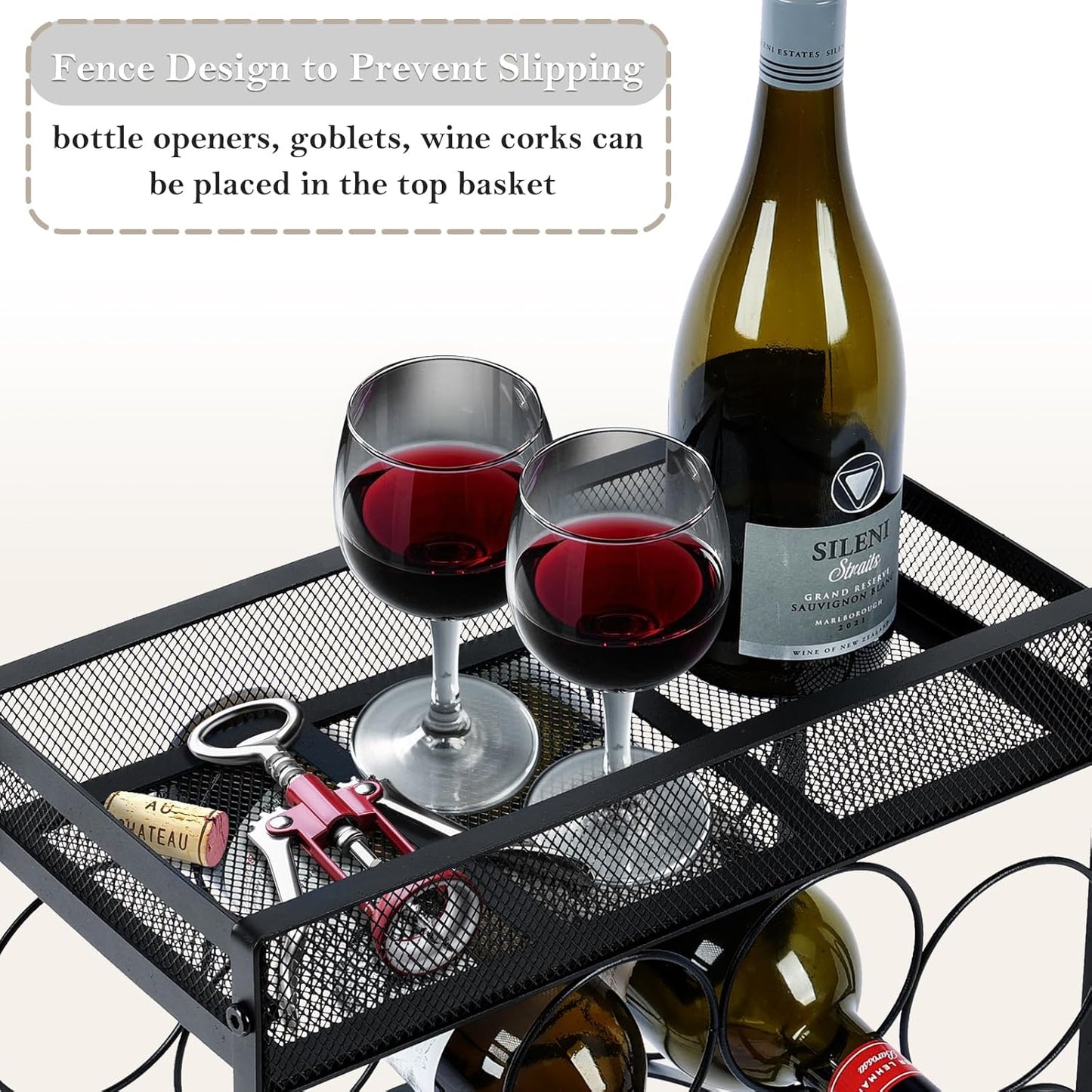 NOBLEMOOD 8 Bottles Countertop Wine Rack, Metal Tabletop Wine Bottles Holder with Top Storage Basket, Small Wine Rack Stand with Tray, Adjustable Feet for Home Kitchen Counter Dining Room
