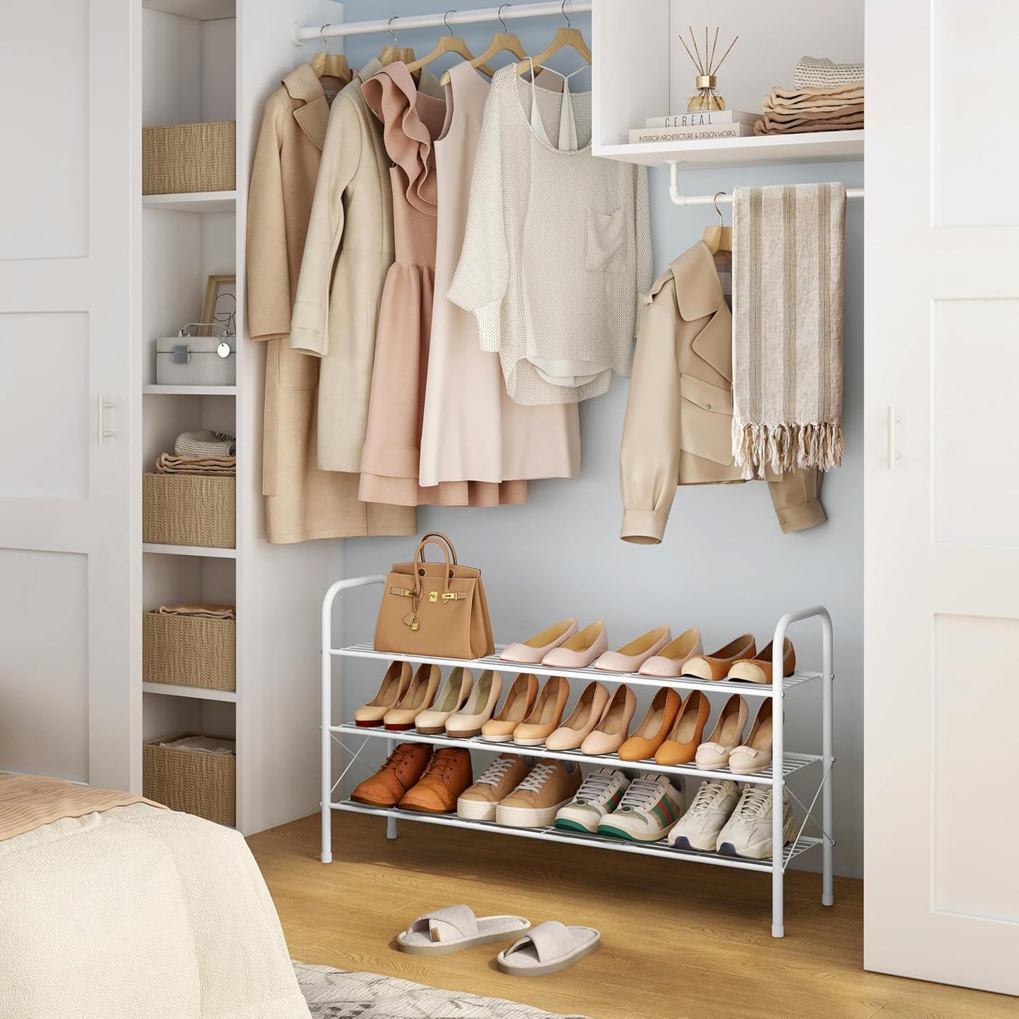 Hoctieon 3 Tier Mesh Style Shoe Rack, Entryway Shoe Shelf, Shoe Storage Organizer, Shoe Rack for Closet, Space Save for Bathroom, Garage, Hallway, Bedroom, Living Room, White