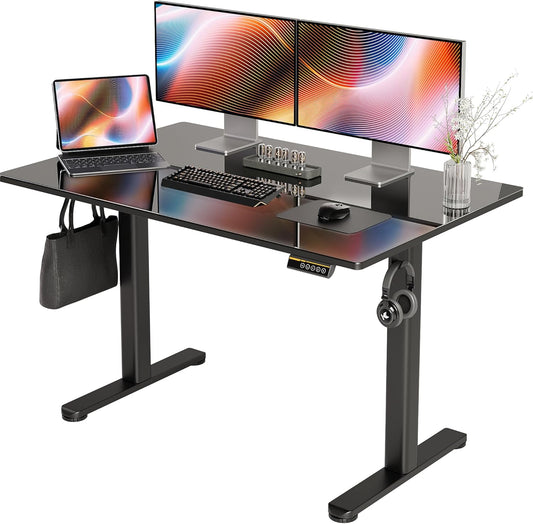 Claiks Glass Standing Desk, 48x24 Inch Electric Standing Desk Adjustable Height Quick Install Home Office Computer Desk, Black