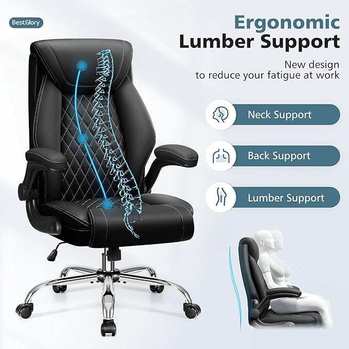 Office Chair, Ergonomic High Back Home Office Desk Chair, Big and Tall Breathable Leather Office Chair with Lumbar Support Flip-Up Armrests, Computer Gaming Chair with Rocking Function
