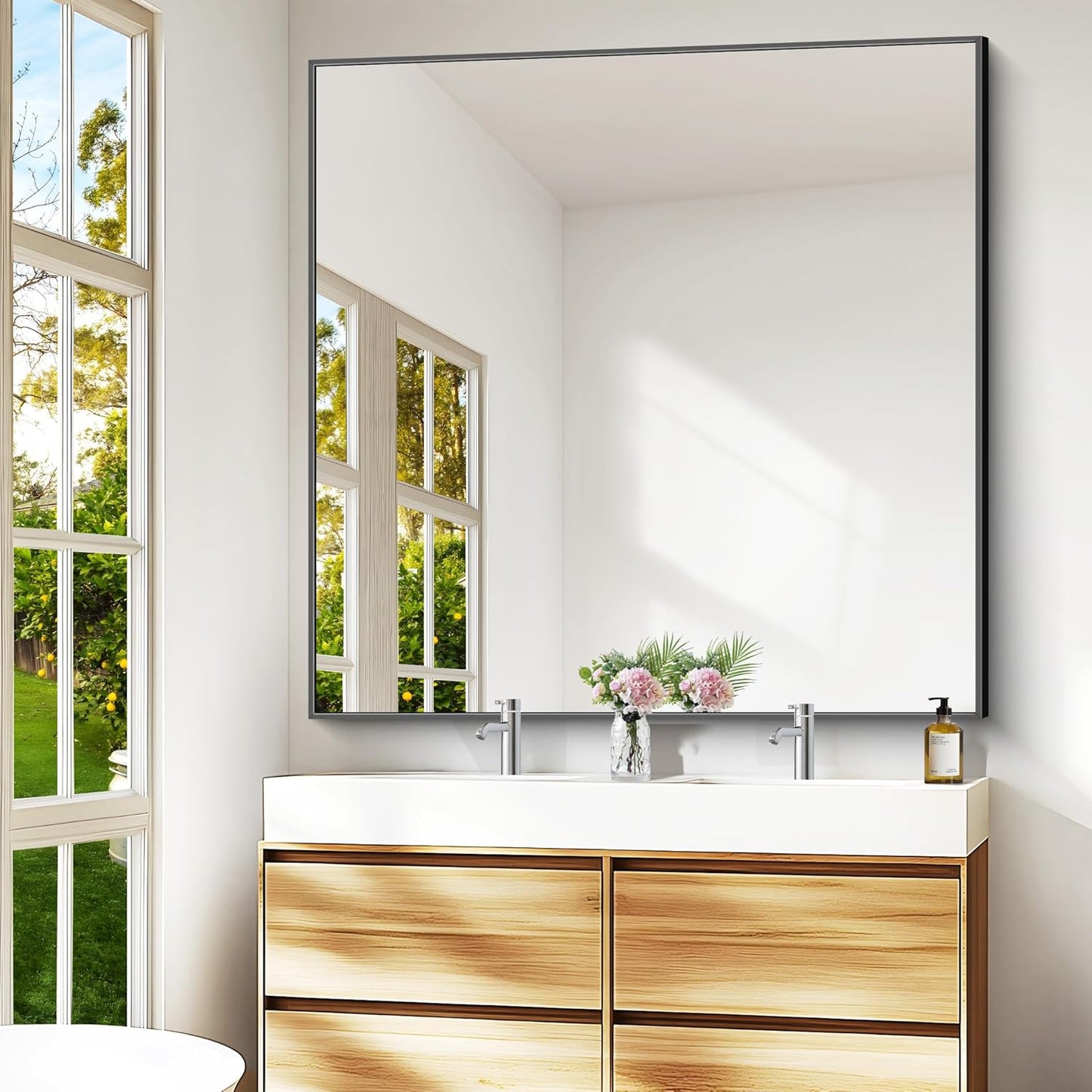 BONEWEI Bathroom Mirror,48x48 inch Large Wall Mirror for Bathroom Wall Mounted,Black Rectangle Wall Mirrors,Square Mirror for Living Room,Farmhouse, Bedroom Entryway, Horizontal/Vertical