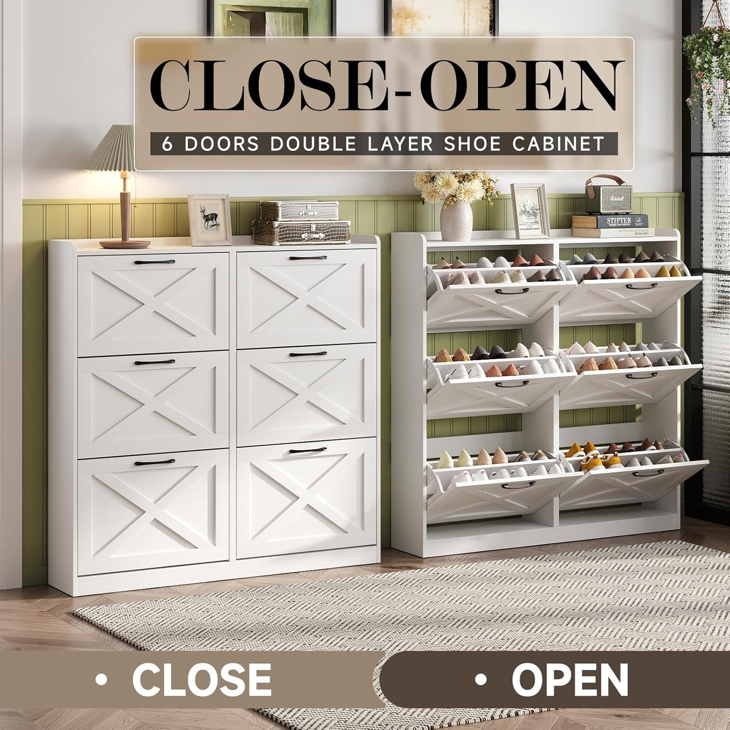 Maupvit Large Shoe Storage Cabinet with 6 Flip Drawers, Freestanding Shoe Organizer with Metal Handles for Entryway, Narrow Shoe Rack Cabinet, White