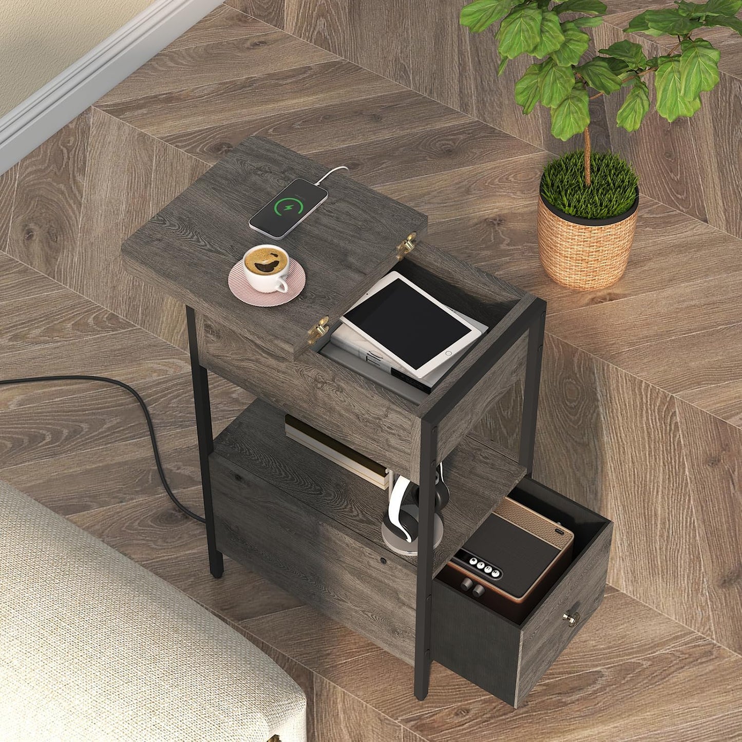 SOOWERY End Table with Charging Station, Narrow Side Table with Flip Top Cabinet and Fabric Drawer, Nightstand Bedside Tables for Small Spaces, Bedroom, Living Room, Dark Grey