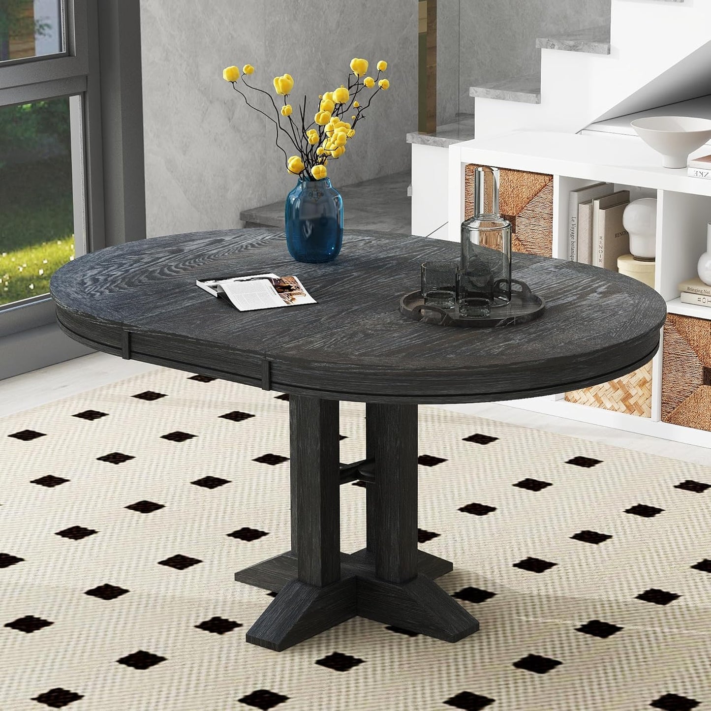 Need Extendable Farmhouse Round Dining Table, 48-60 Inch Pedestal Base Kitchen Table for Small Spaces & Dining Rooms (Black Finish)