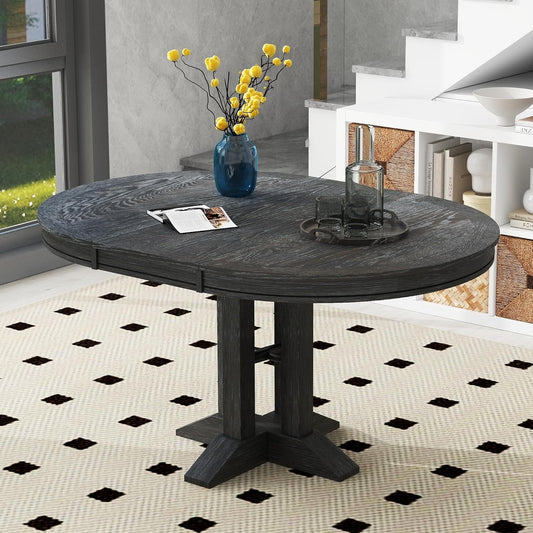FULife Country Rustic Design Round Table with 14" Removable Leaf, Extendable Circular to Oval Solid Wood Tabletop with X-Shaped Trestle Legs, Space-Saving Kitchen-Tables for Dining/Living Room