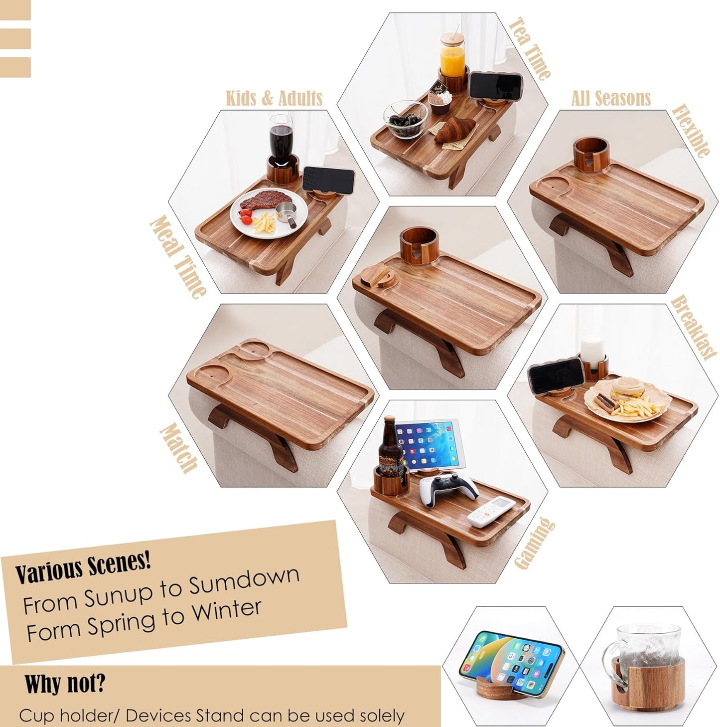 Nnewvante Couch Cup Holder Tray, 3 in 1 Large 15.36"x9.85" Acacia Wood Sofa Arm Clip on Tray Table with 360°Rotated Phone Holder on Armrest