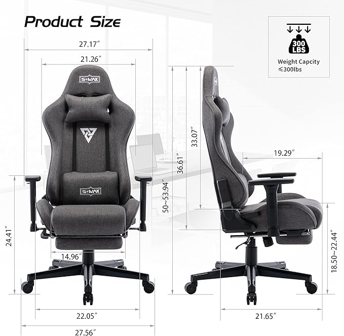 S*MAX Fabric Gaming Chair with Footrest Thicken Seat Ergonomic Gaming Chair with 3D Armrest Breathable Fabric Gamer Chairs for Adults Headrest Lumbar Support Gaming Chairs for Adults Grey