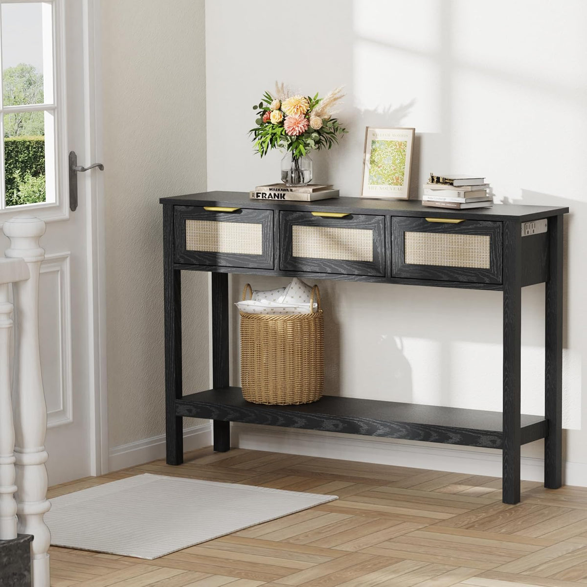 Entryway Table, Boho Console Table with 3 Storage Drawers and Storage Shelf, Sofa Table with Socket, for Entryway, Living Room, Behind Couch and Hallway (Black)