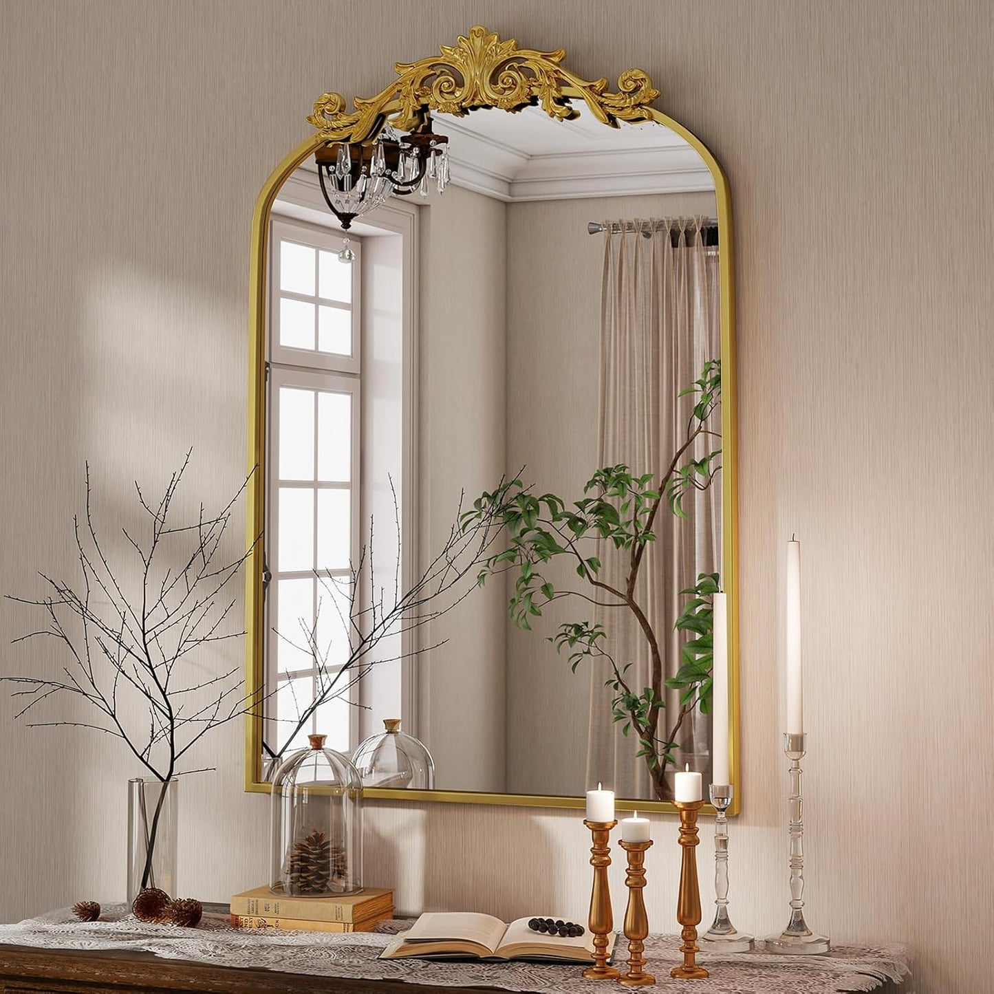 Vintage Arched Wall Mirror, 26x38 inch Retro Arch Bathroom Mirror, Carve Pattern Top Wall Mounted Vanity Mirror with Metal Frame, Bathroom Mirror Hanging or Leaning, Gold