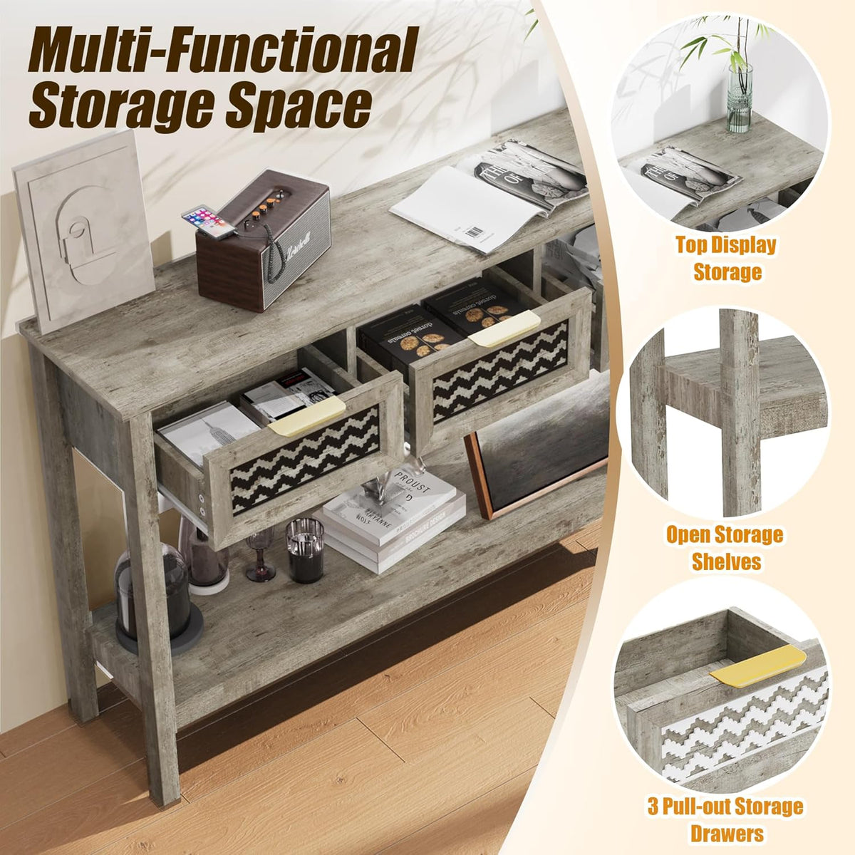 Entryway Table, Rattan Console Table with 3 Storage Drawers and Storage Shelf, Sofa Table with Socket, for Entryway, Living Room, Behind Couch and Hallway (Grey)
