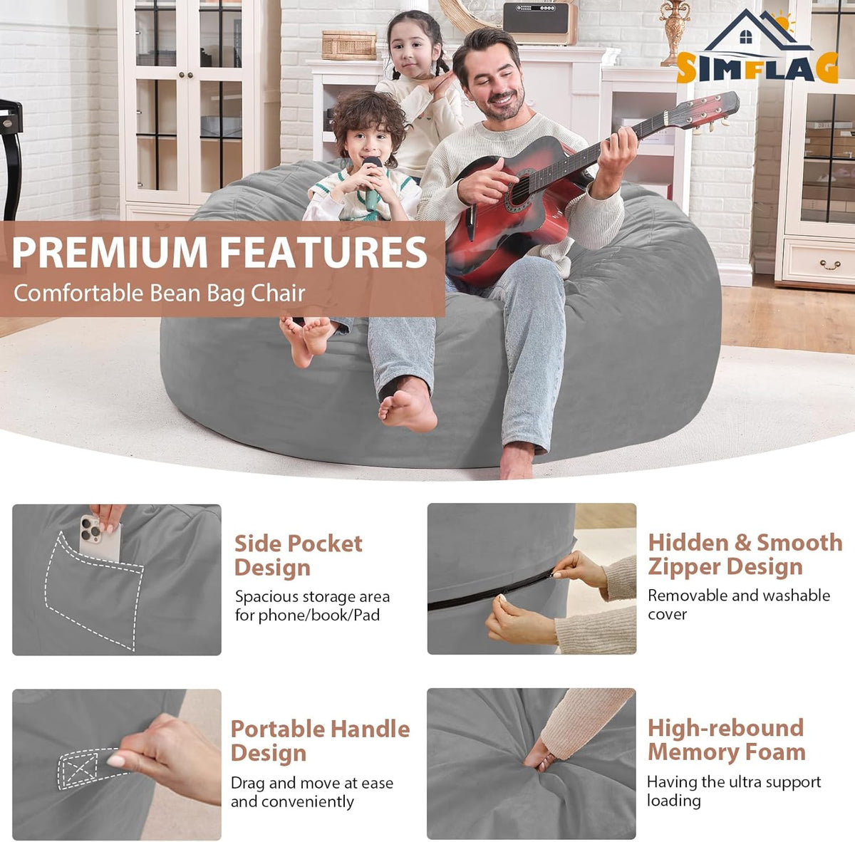 4FT Bean Bag Chair, Large Bean Bag Chairs with Memory Foam Filled, Fluffy Beanbag Sofa with Dutch Velvet Cover, Round BeanBag Chairs for Living Room, Playroom - Light Grey