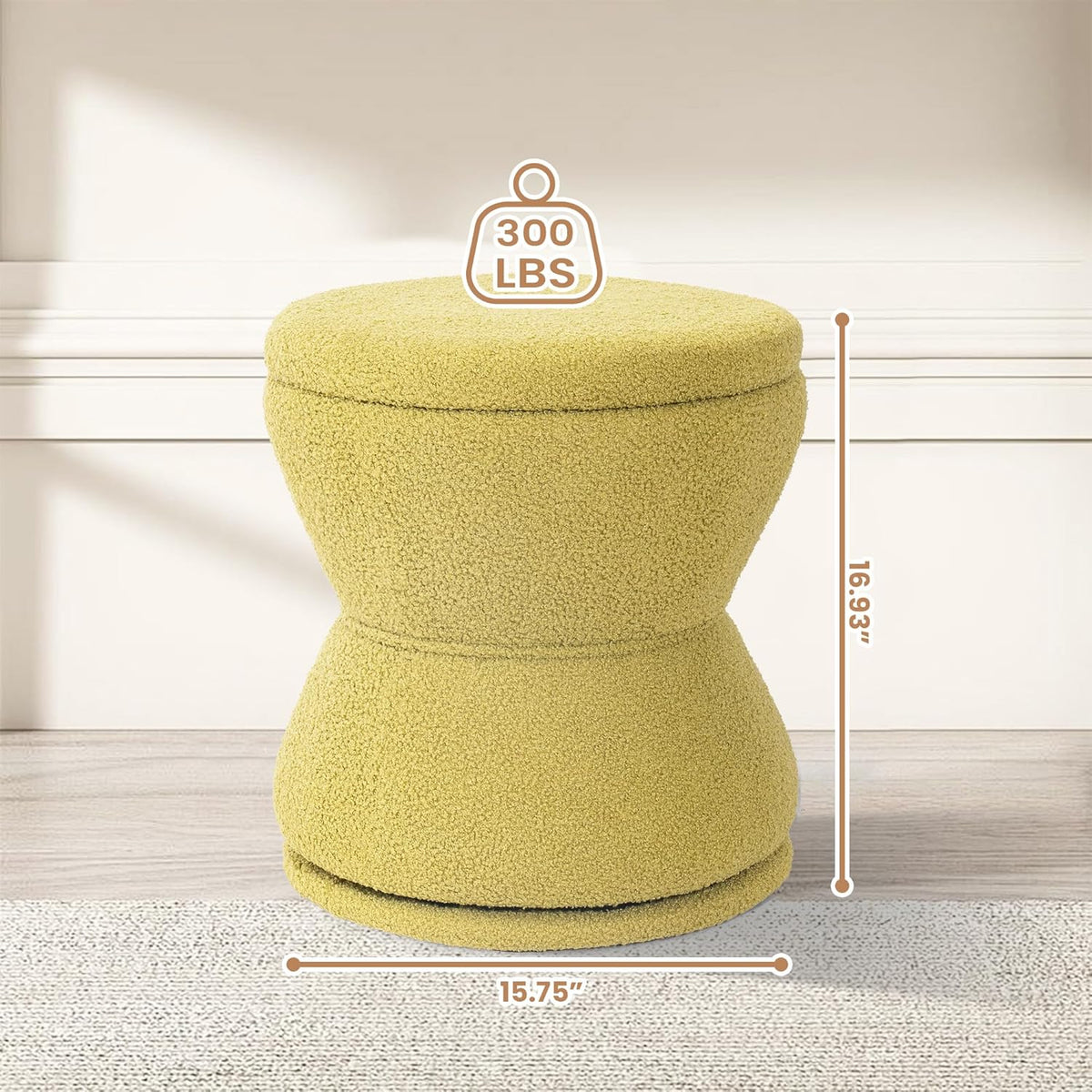 Ottoman with Storage, 360° Swivel Boucle Ottoman Vanity Stool, Upholstered Footstool with Storage Removable Lid, Modern Round Boucle Footrest Coffee Table for Living Room, Bedroom, Green
