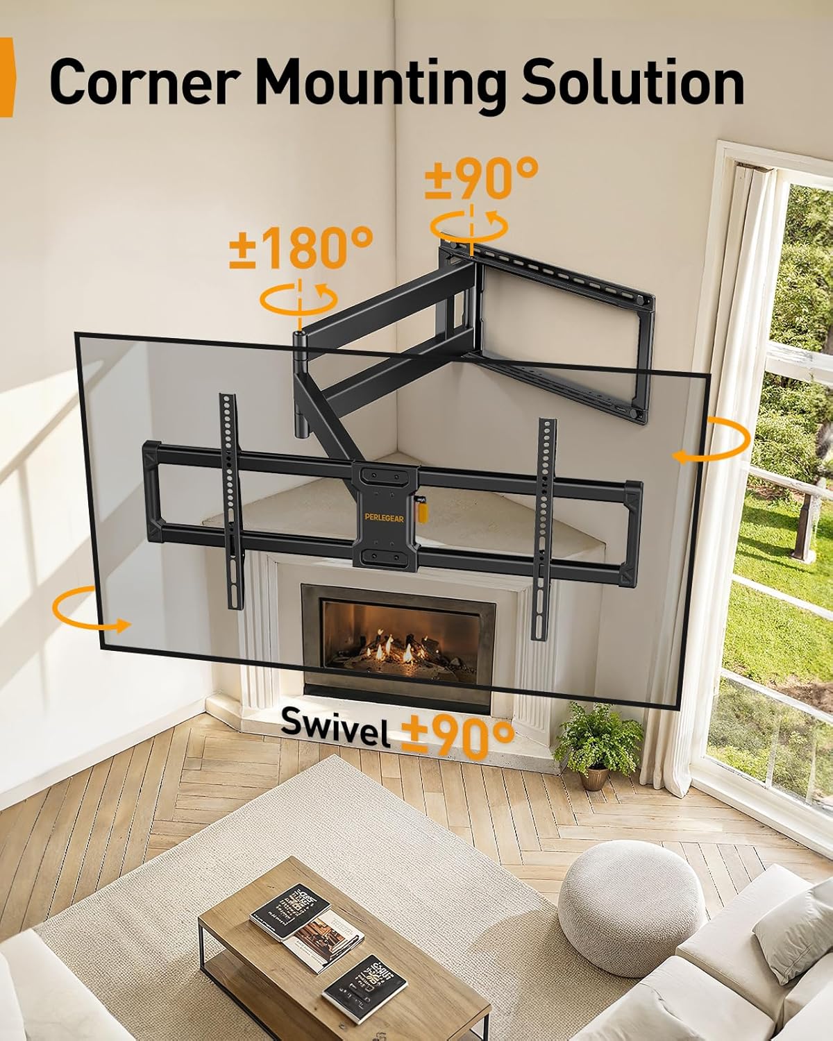 Perlegear Long Arm Full Motion TV Wall Mount for 42–90 Inch TVs up to 150 lbs, 40″ Long Extension, Pre-Assembled Corner TV Mount with Full Swivel, Tilt, Fits 8″/12″/16″/24″ Studs, Max VESA 800x400mm