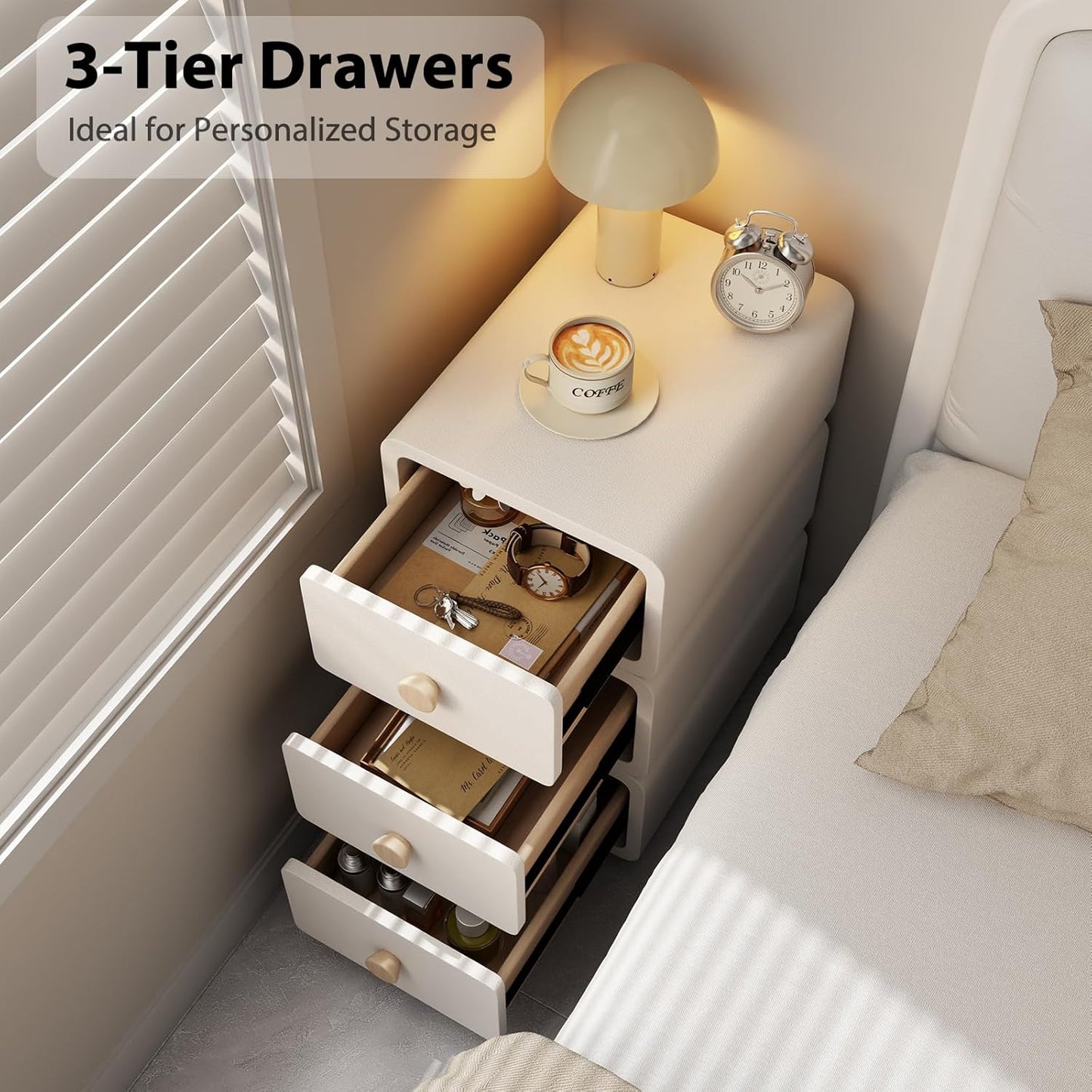 White Night Stand, Narrow Nightstand with Drawers, Modern Nightstand for Bedroom, Dorm and Living Room.