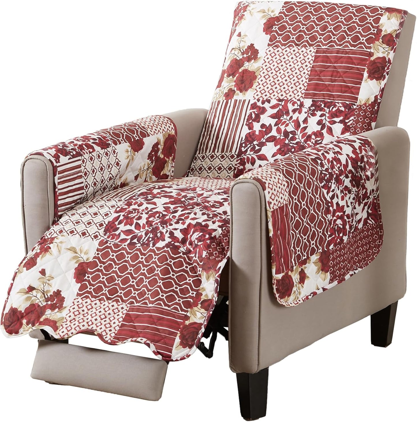 Great Bay Home Patchwork Scalloped Printed Furniture Protector Stain Resistant Recliner Cover (Recliner, Burgundy)