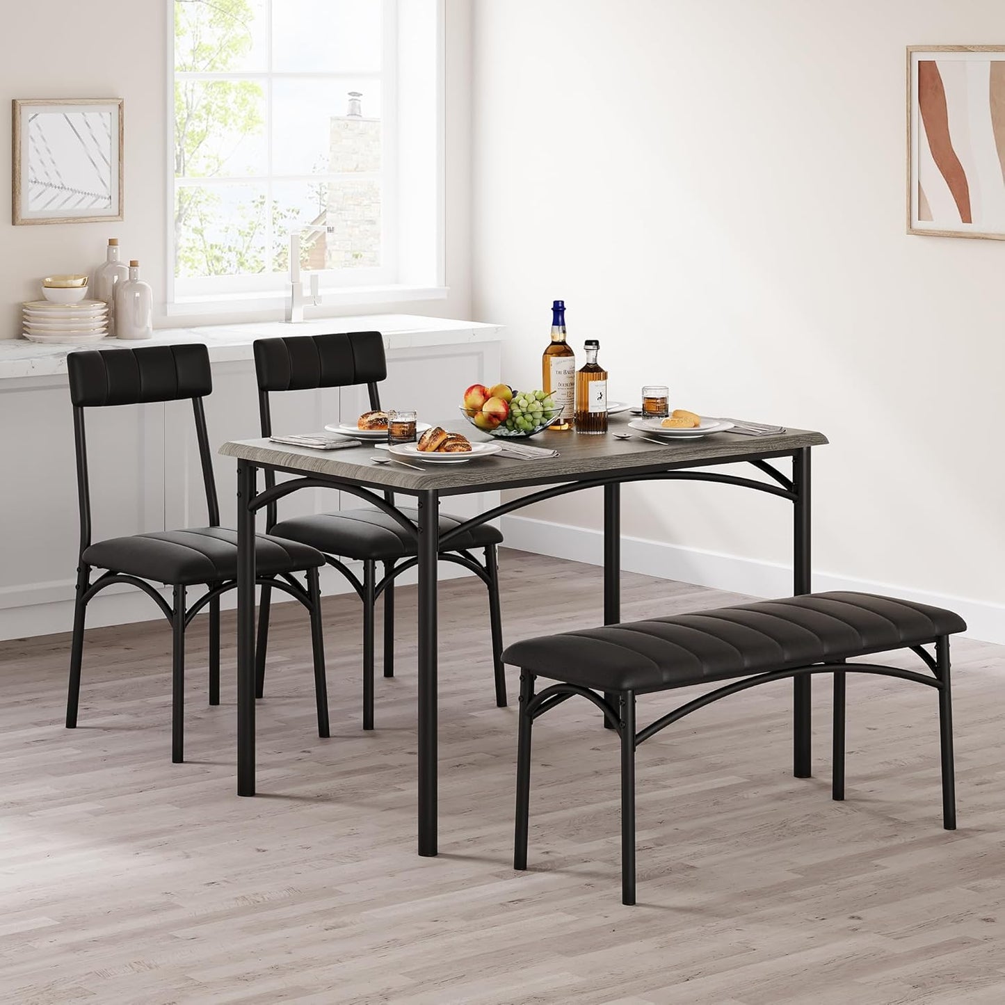 GarveeHome Dining Table Set for 4, Kitchen Table with Upholstered Chairs and Bench, Wood Rectangular Dining Table and Chairs Set for Small Space, Apartment, Dinner, Rustic Gray